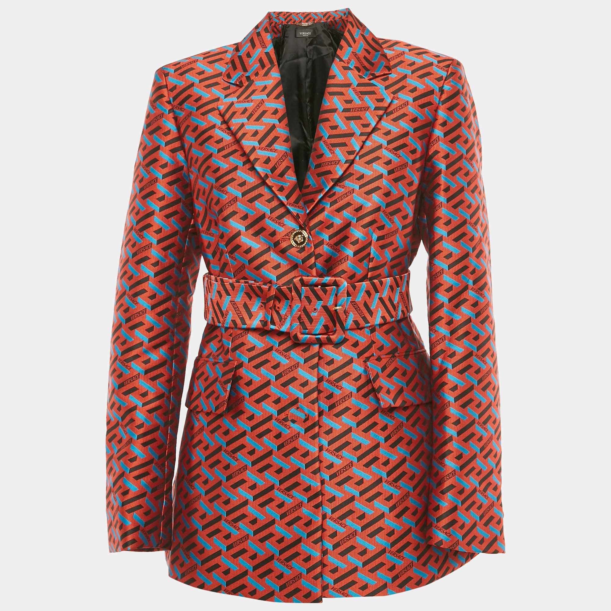 Pre Owned Versace Red La Greca Jacquard Belted Jacket M