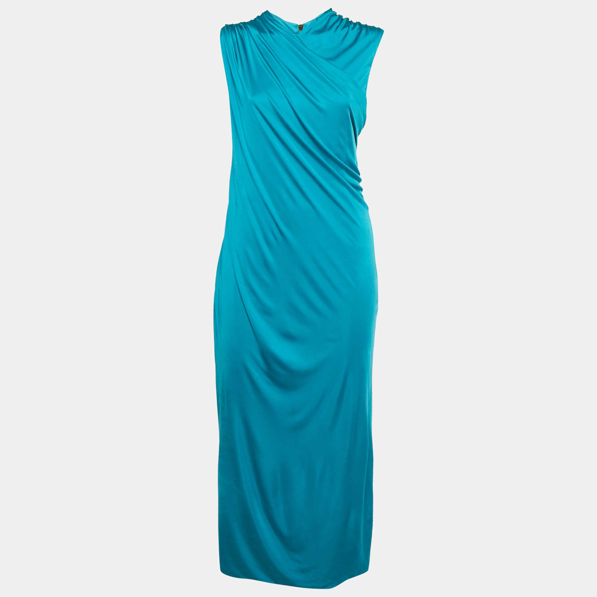 Pre Owned Versace Blue Jersey Ruched Bodycon L