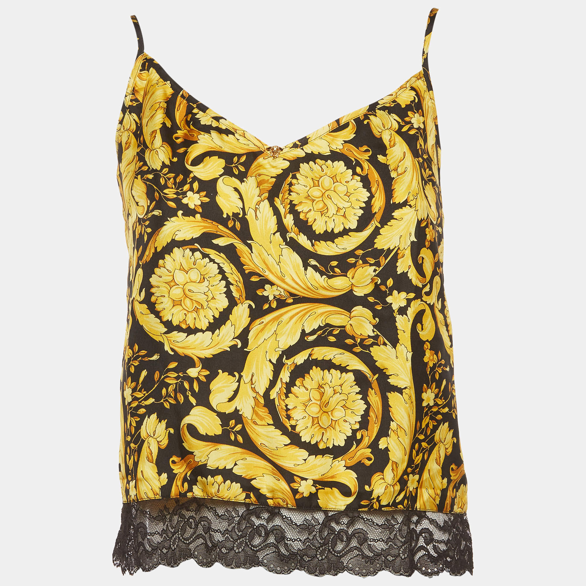 Pre Owned Versace Black/Yellow Barocco Print Silk Camisole S