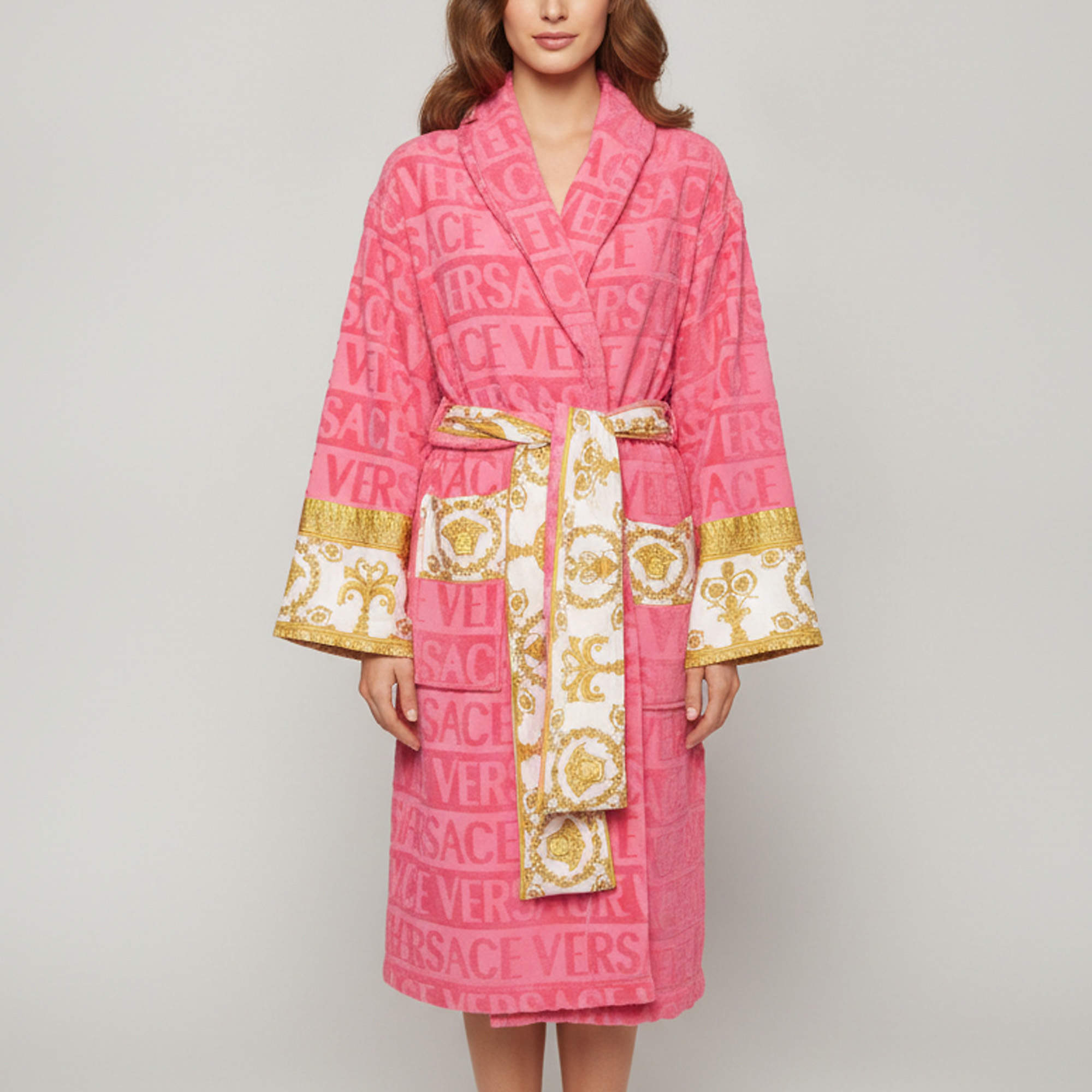 Pre Owned Versace Home Pink Terry Baroque Belted Bathrobe M