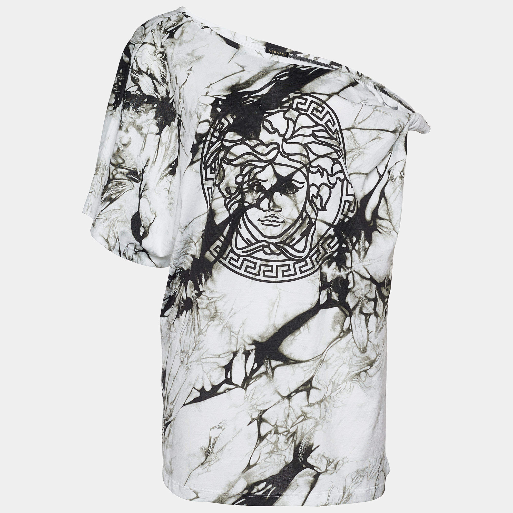 مملوكة مسبقًا Versace Monochrome Tie-Dye Print Jersey Asymmetric T-Shirt L