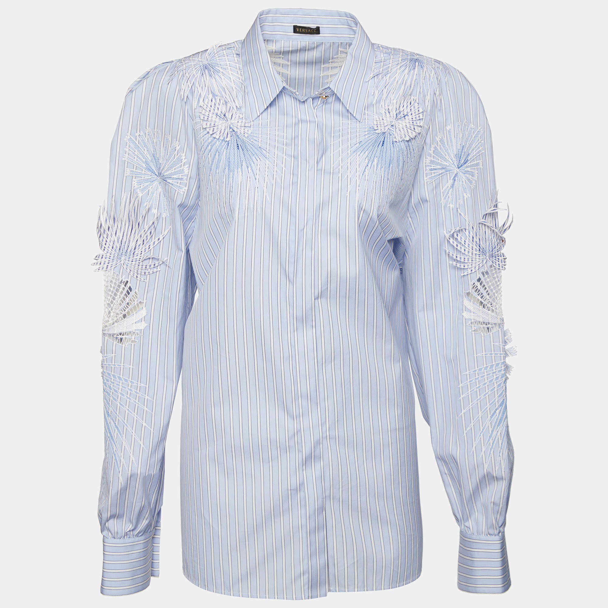 Versace Blue Striped Cotton Floral Applique Button Front Shirt L