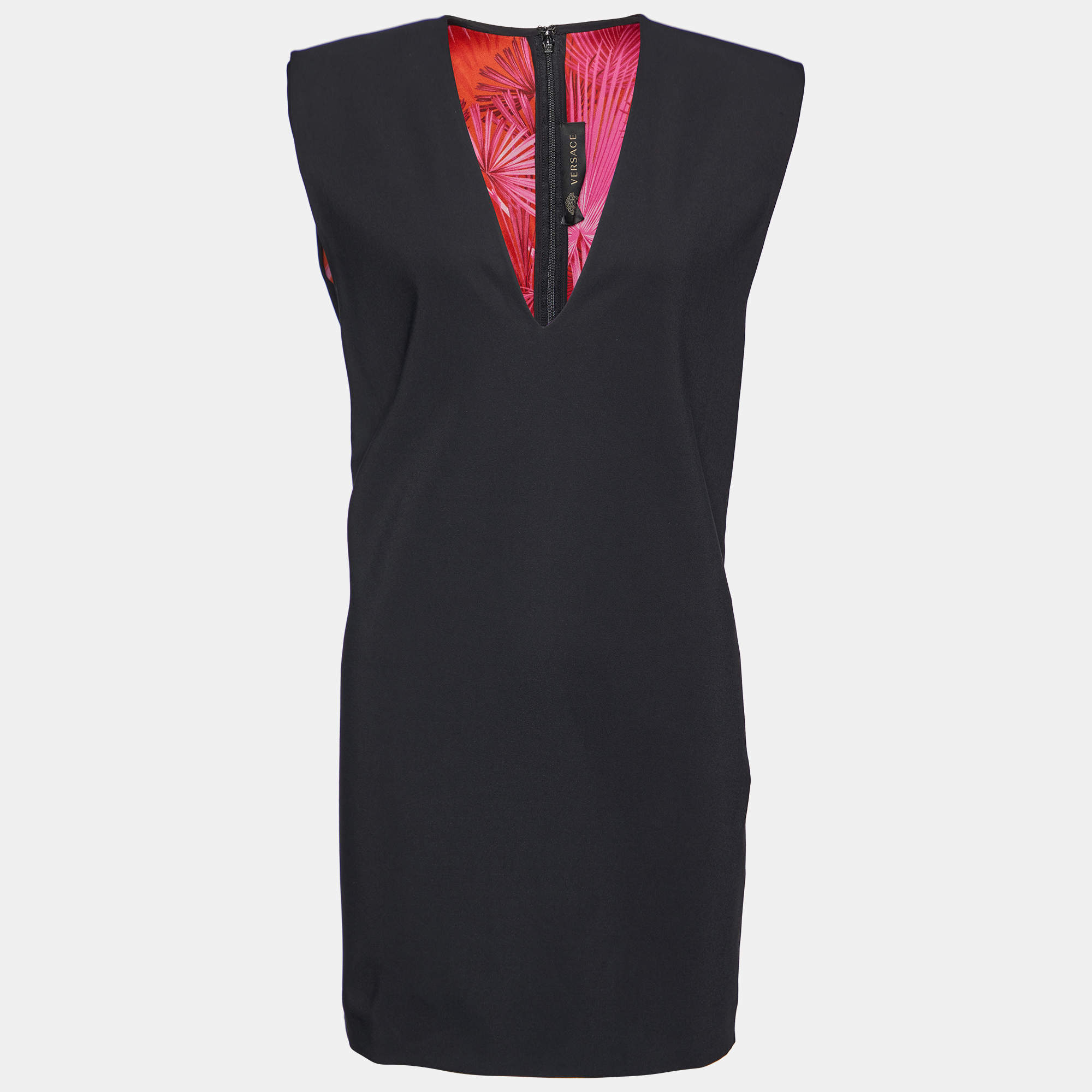 Pre Owned Versace Black Crepe Power Shoulder Mini Dress M