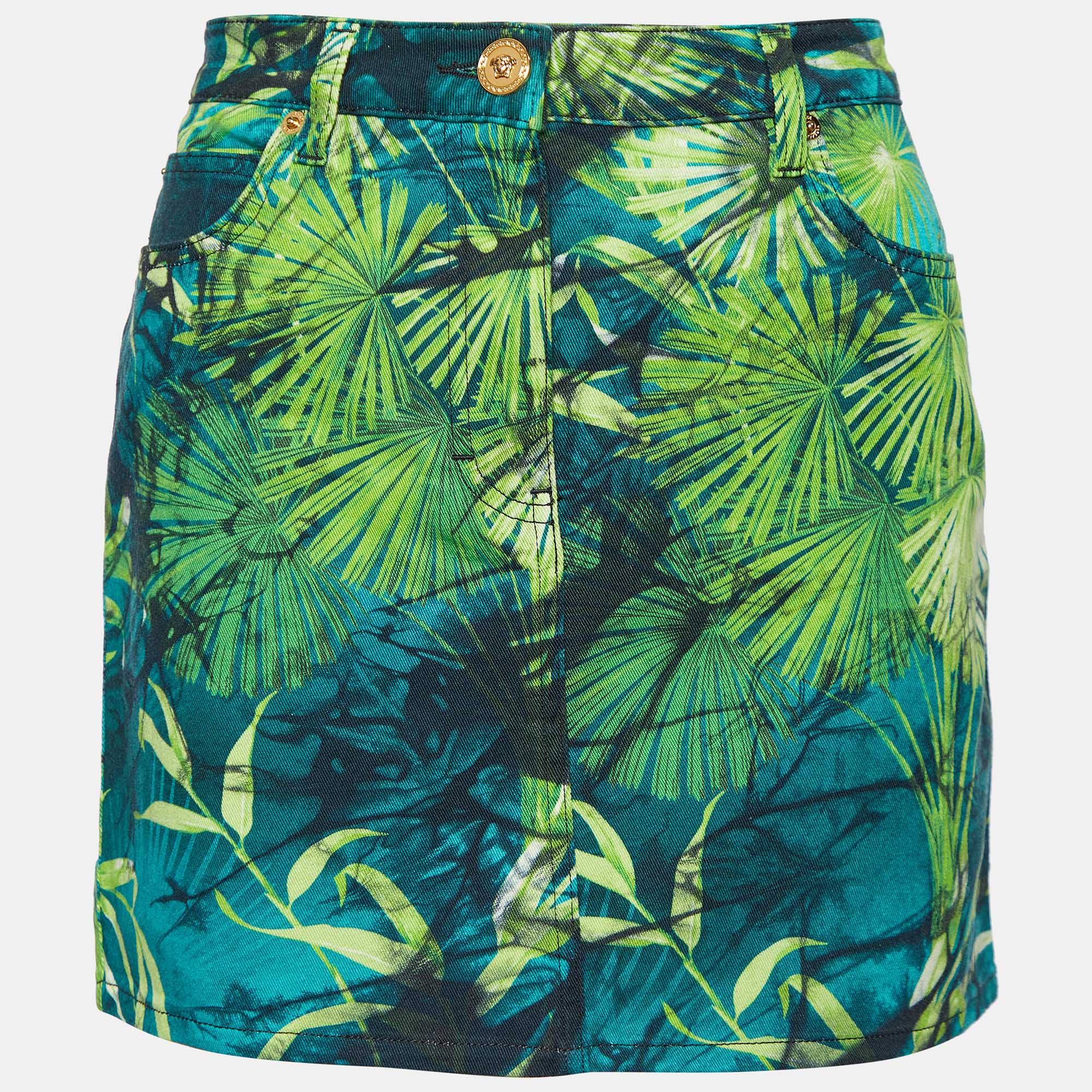 Pre Owned Versace Green Jungle Print Denim Mini Skirt M