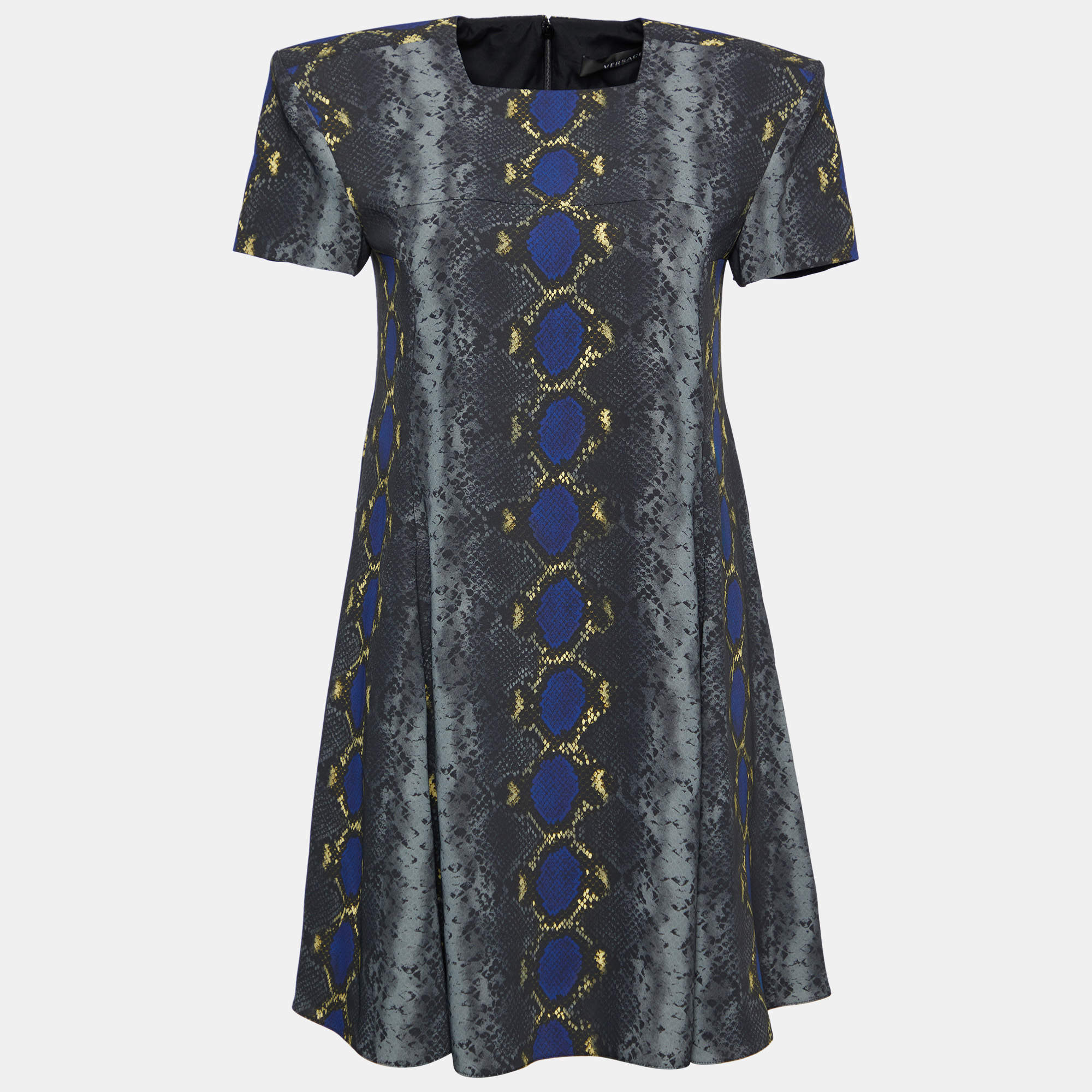 Versace Grey Snake Print Crepe Flared Mini Dress M