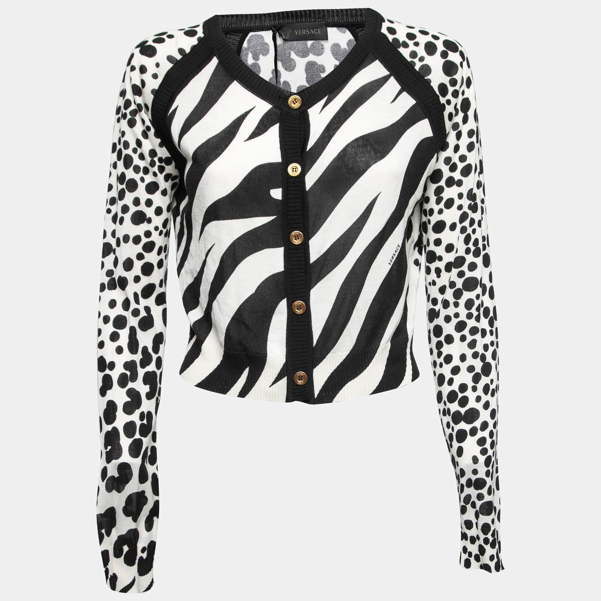 Versace Monochrome Striped & Circle Print Cropped Cardigan L