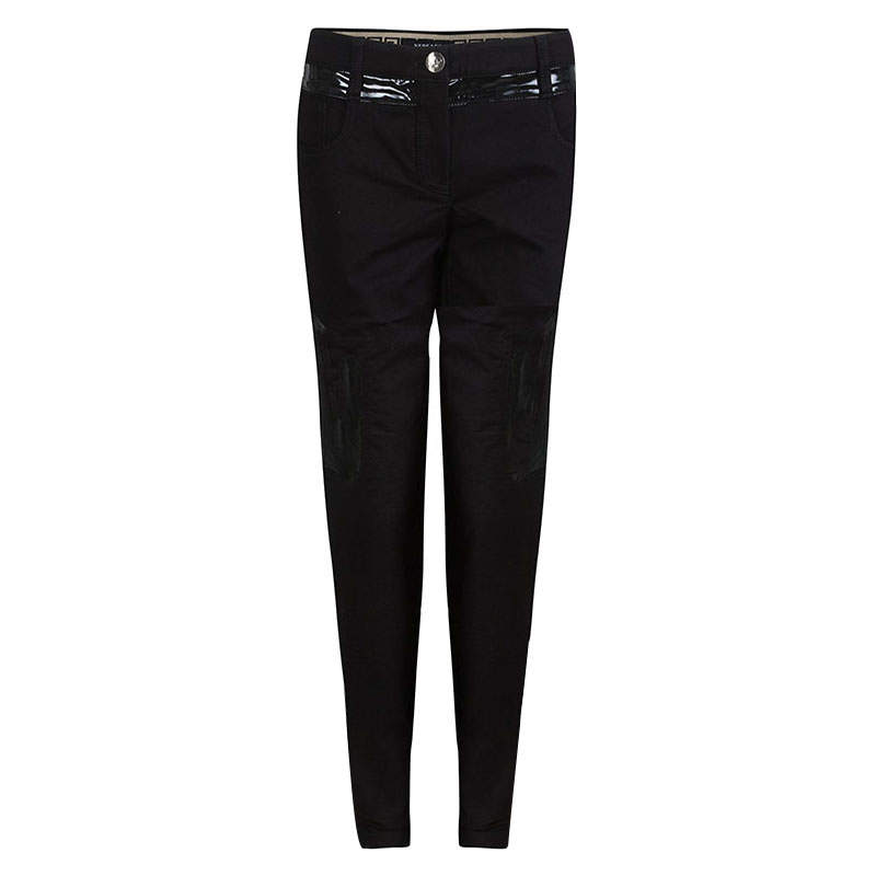 Pre Owned Versace Black Denim Contrast Panel Detail Straight Fit Jeans L
