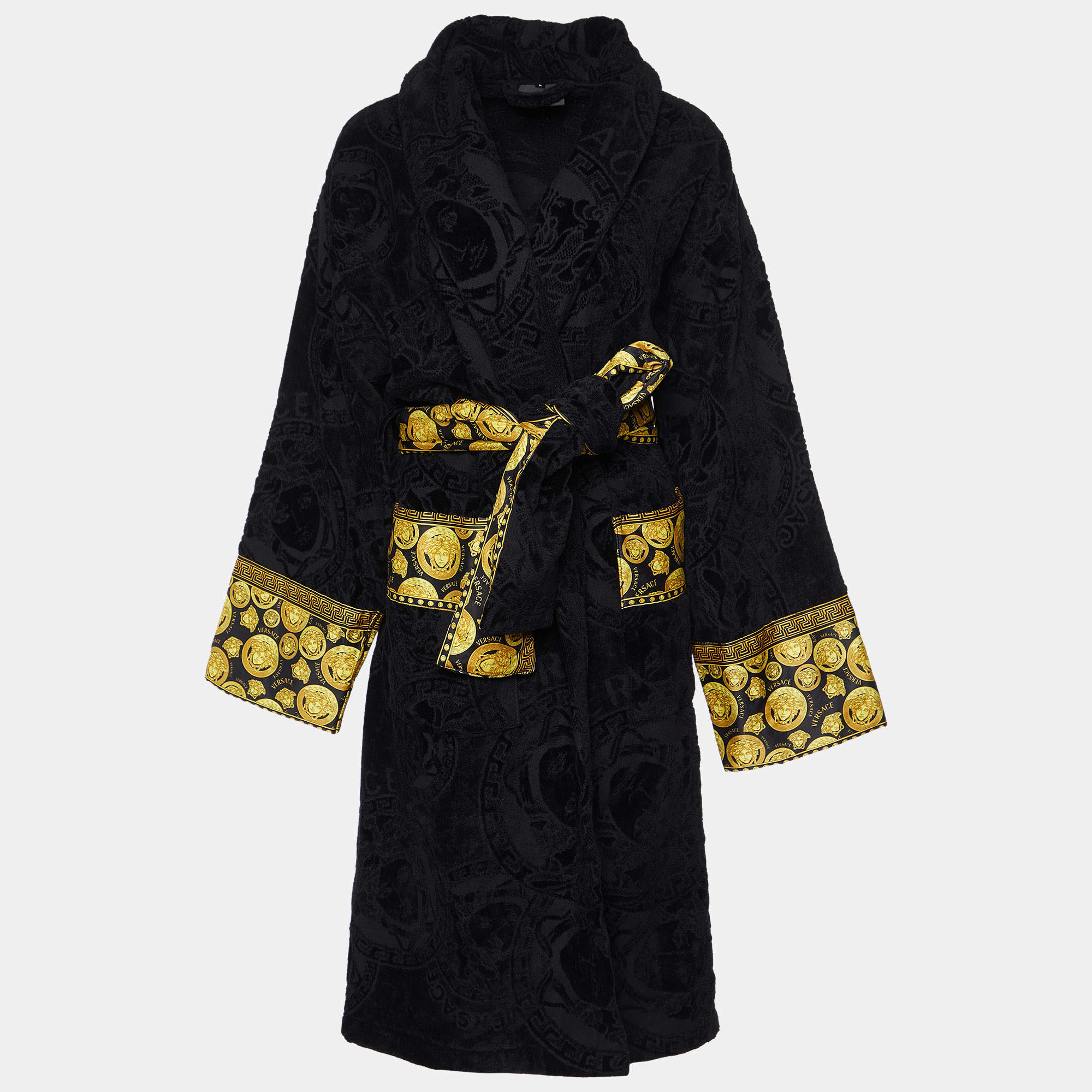 Pre Owned Versace Home Black Logo Terry Cotton Baroque Tie-Waist Bathrobe L