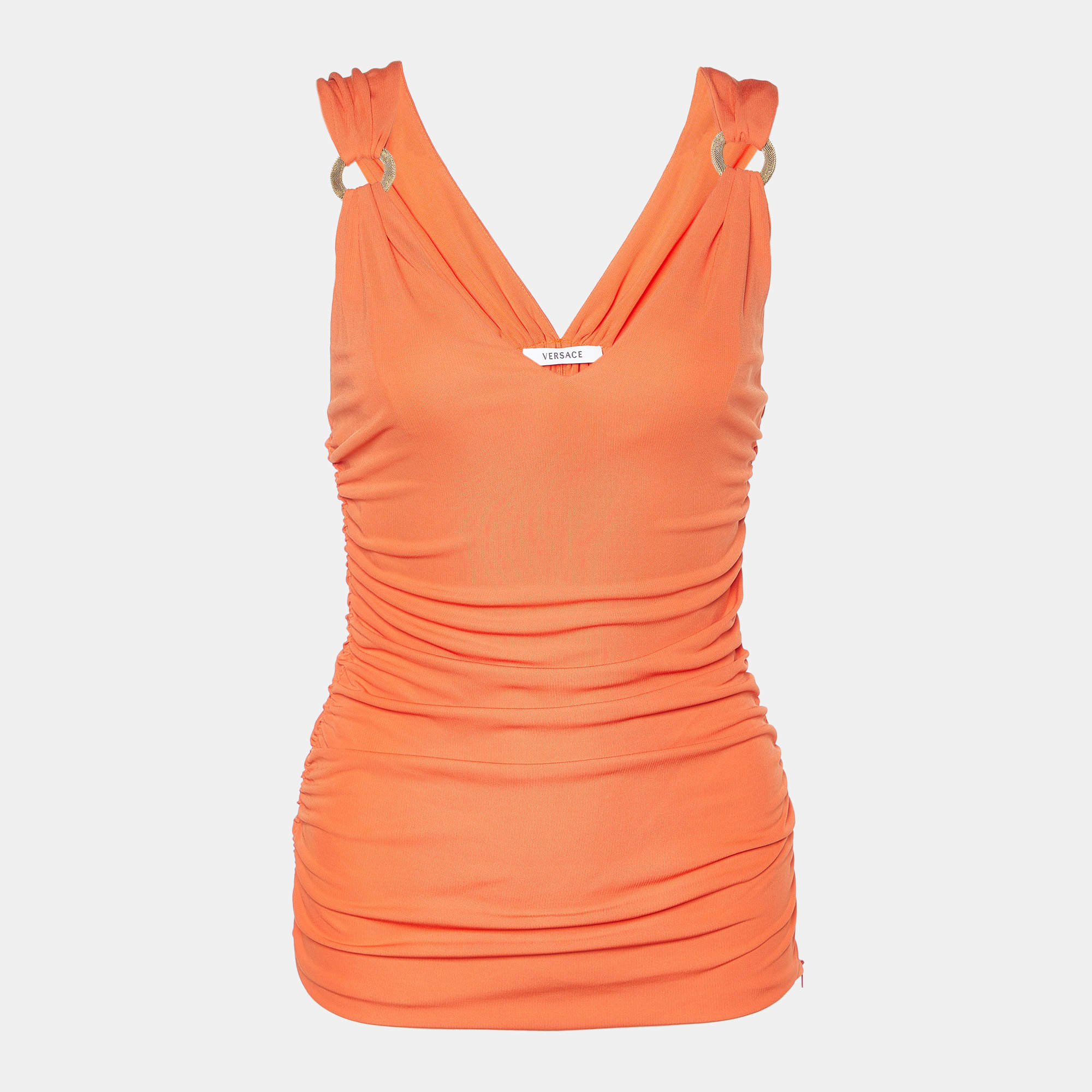 Versace Orange Jersey Ruched Sleeveless Top S