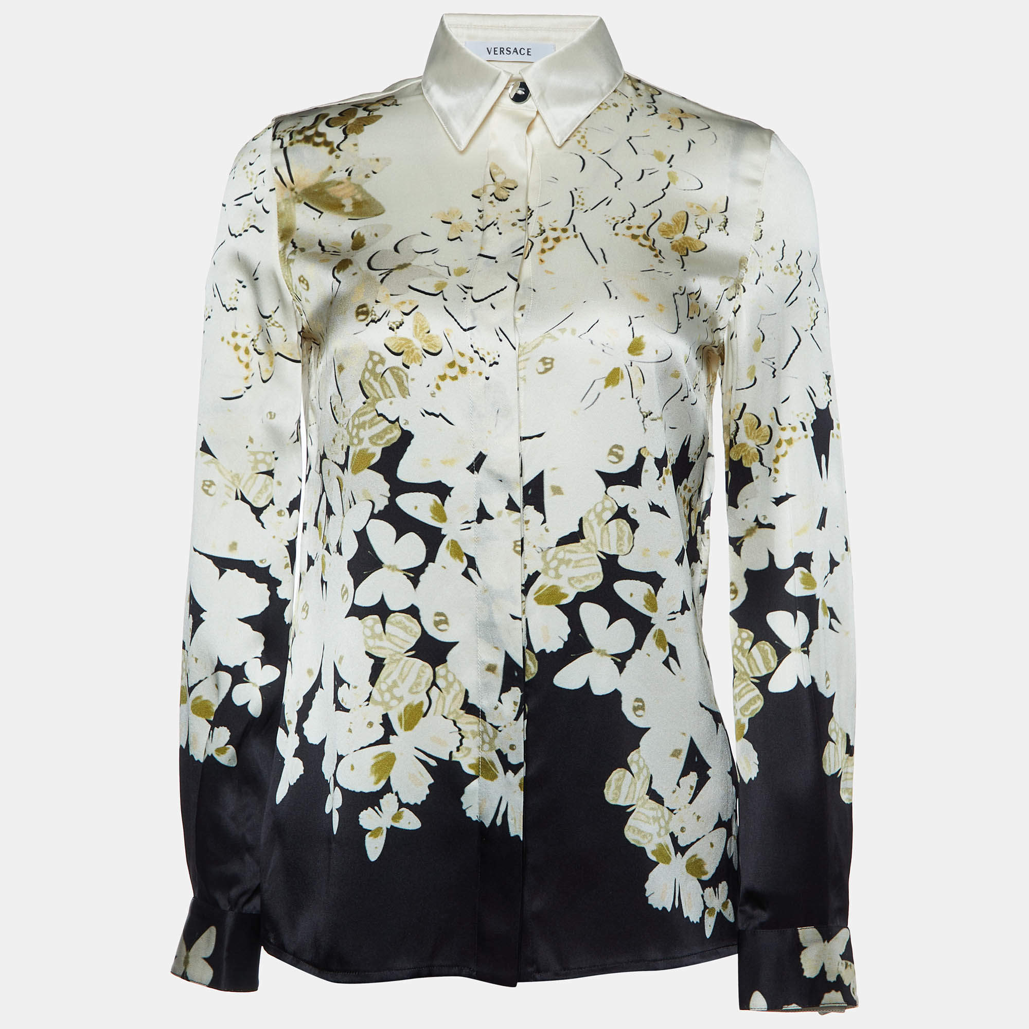 Pre Owned Versace Cream/Black Butterfly Print Silk Satin Long Sleeve Shirt S
