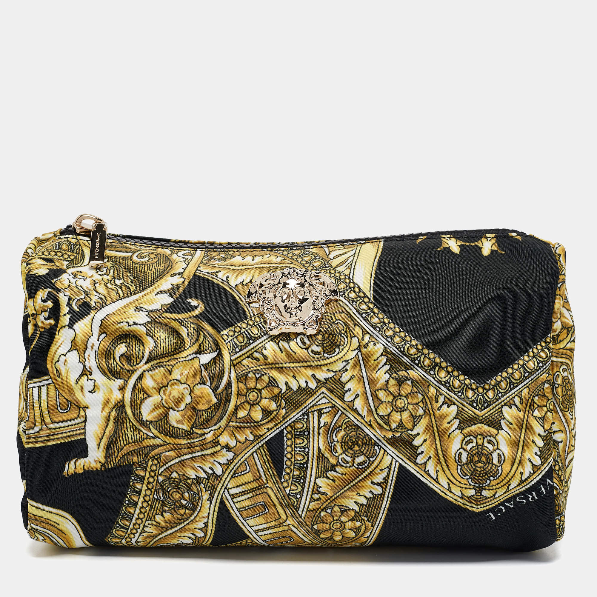 Versace Black/yellow Barocco Print Fabric Medusa Pouch