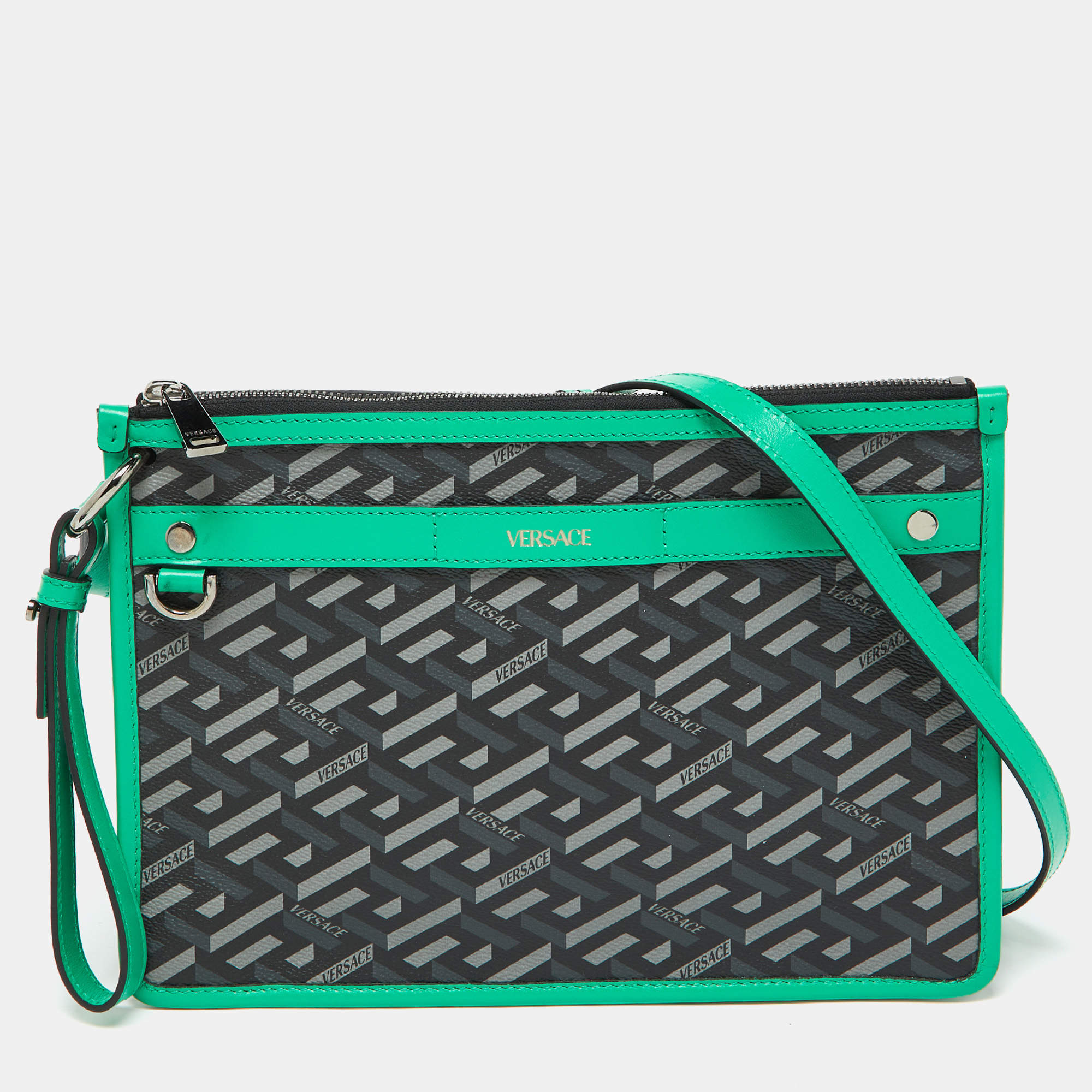 Versace Multicolor Signature Textured Canvas and Leather La Greca Shoulder Bag