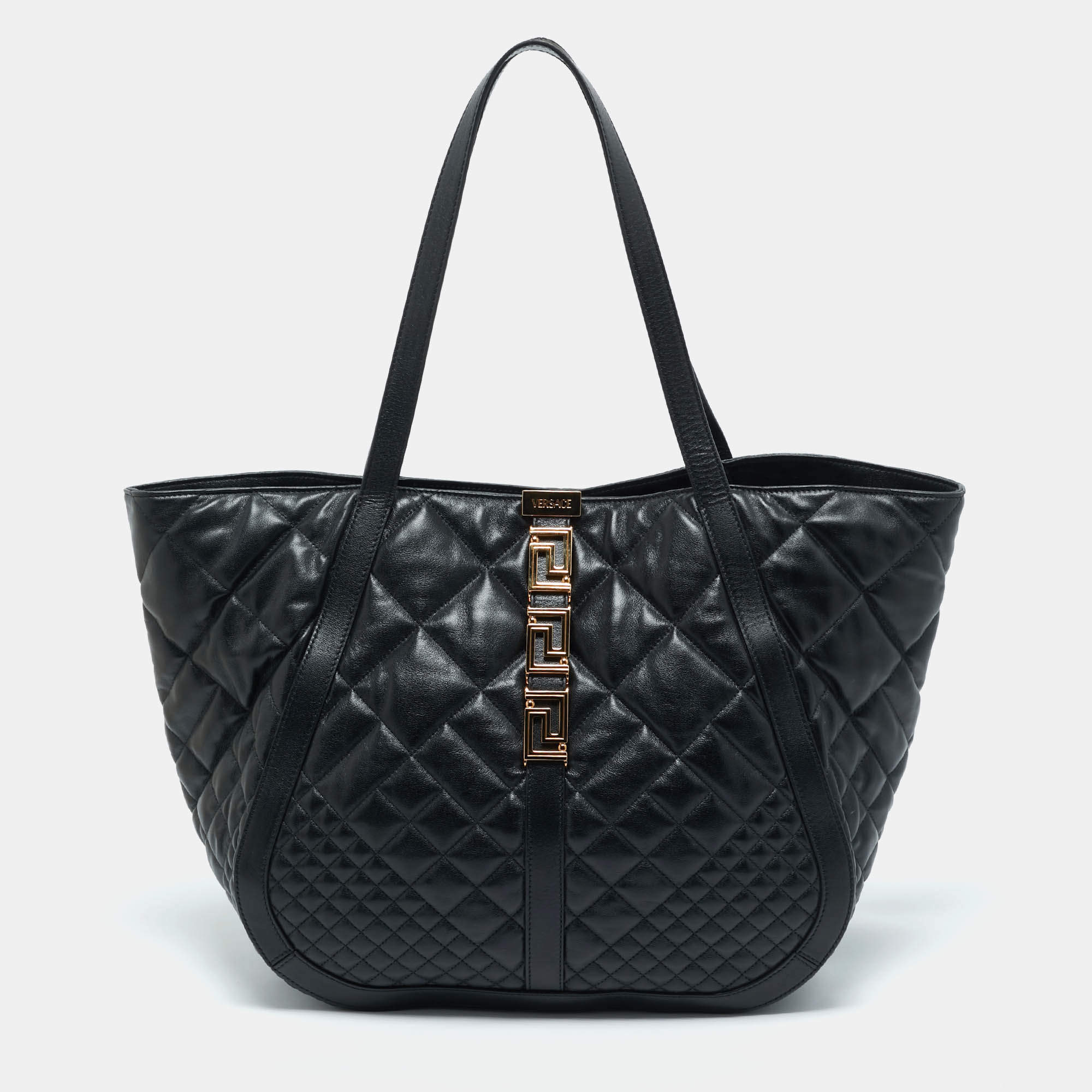 Versace Black Quilted Leather Large Greca Goddess Tote
