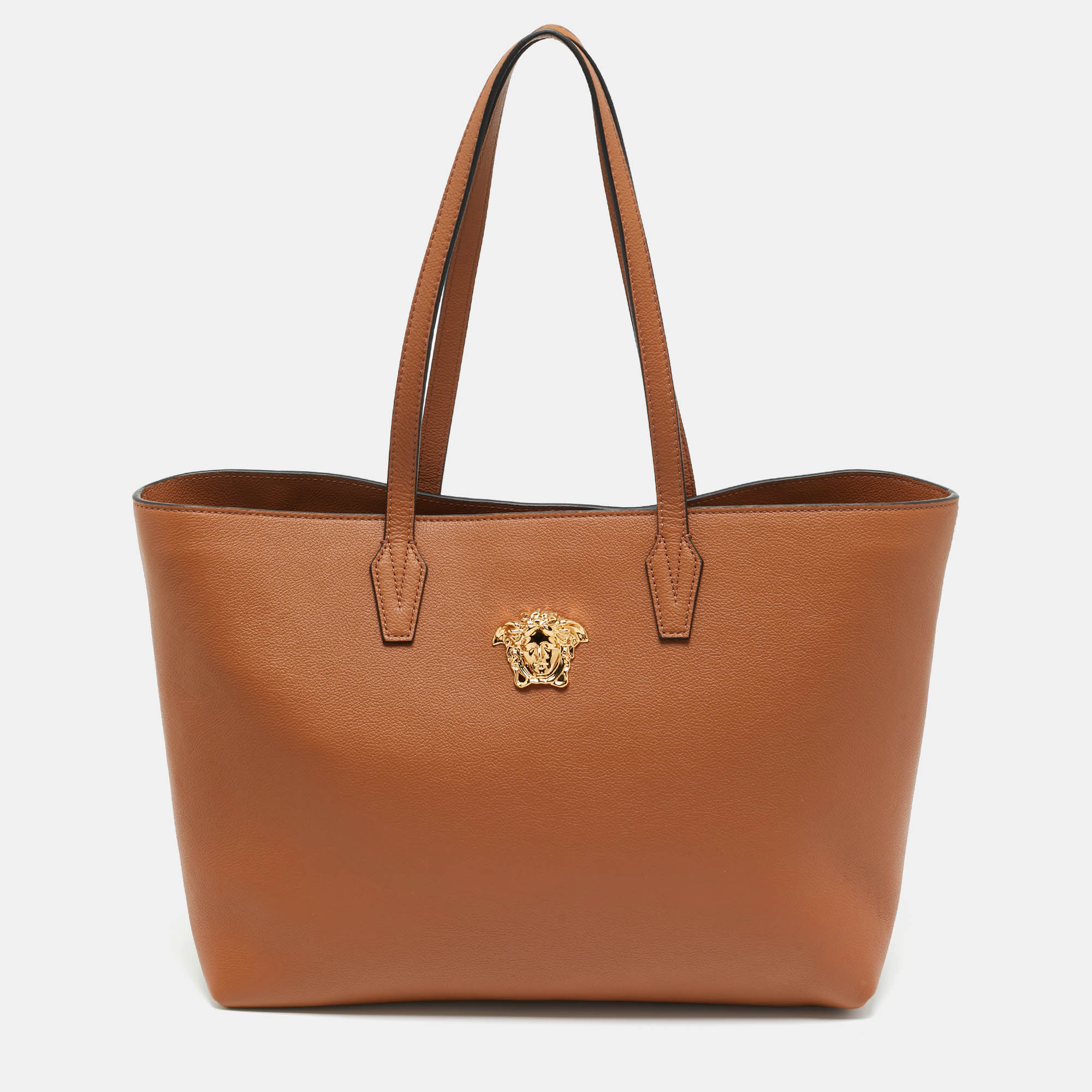 Pre Owned Versace Brown Leather La Medusa Shopper Tote