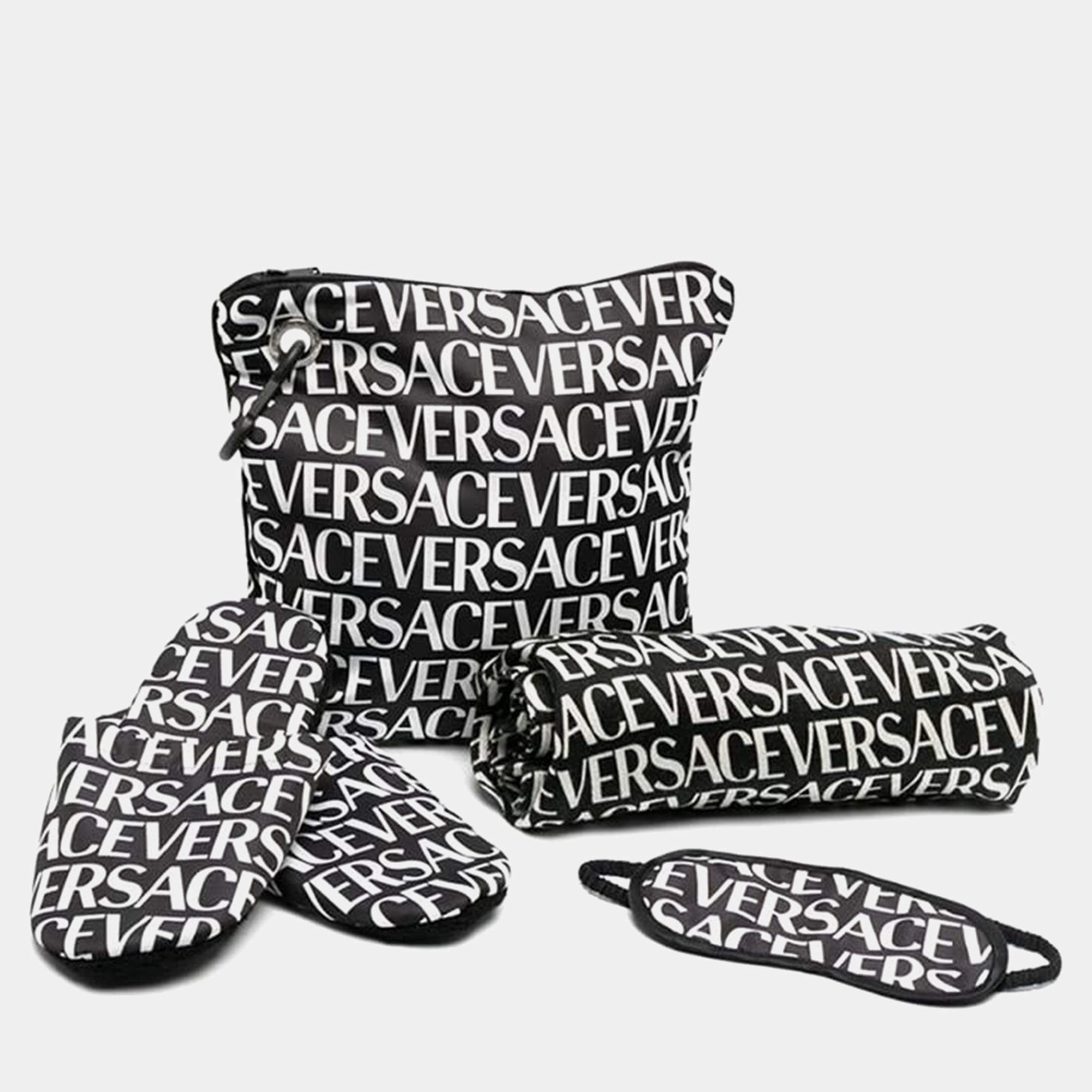 Pre Owned Versace All Over Black Leather Travel Set