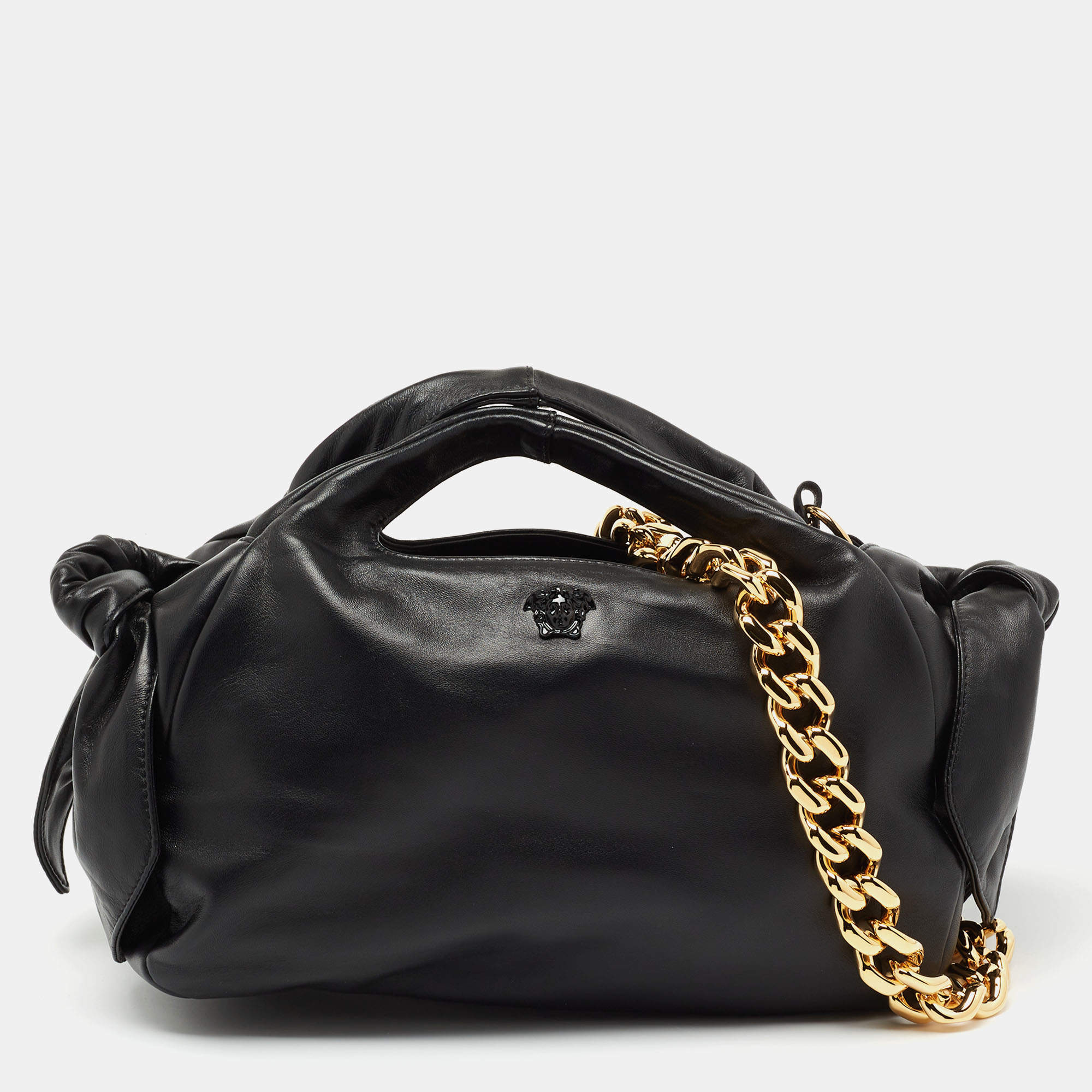 Pre Owned Versace Black Leather Medusa Head Tote