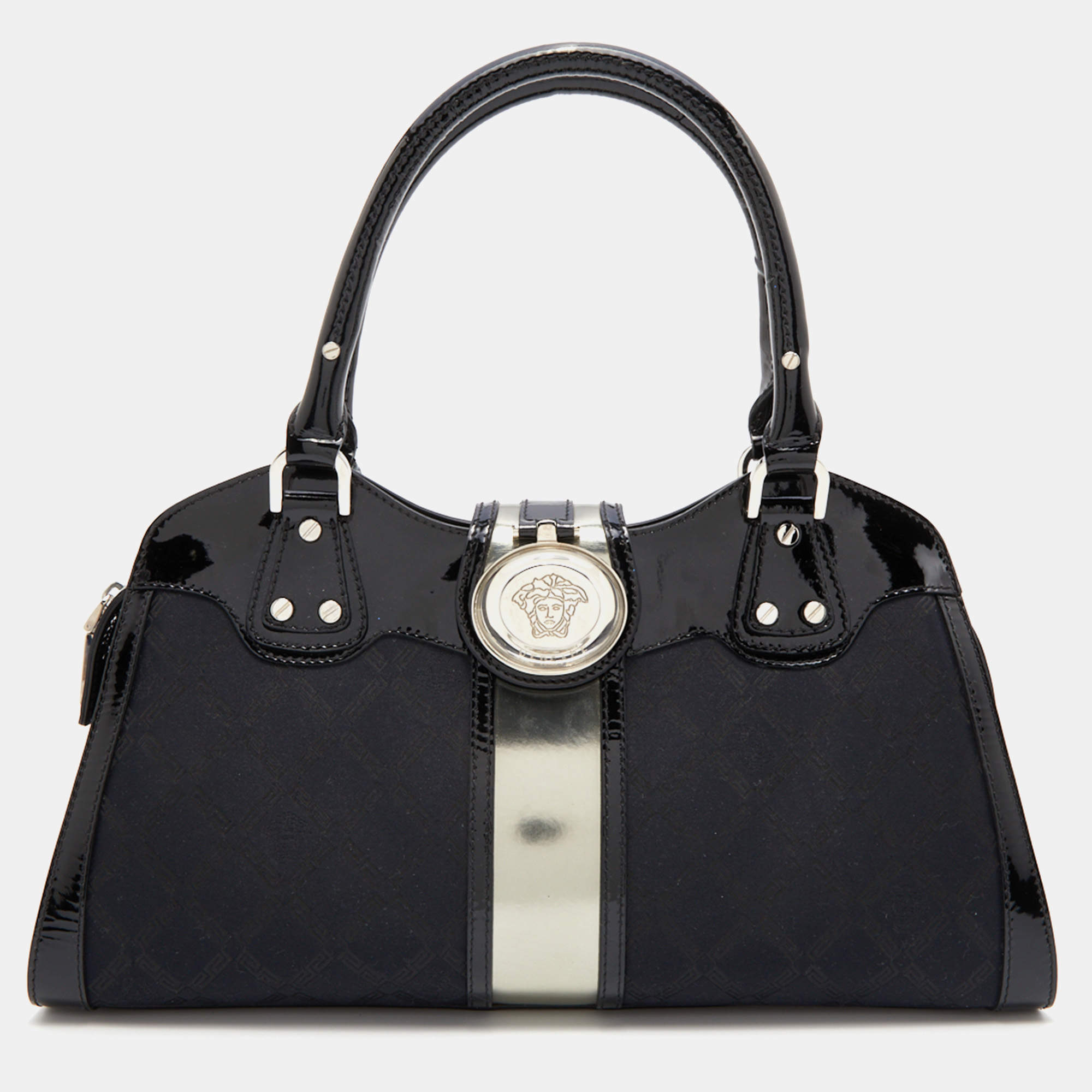 Versace Black Monogram Nylon and Patent Leather Medusa Frame Satchel