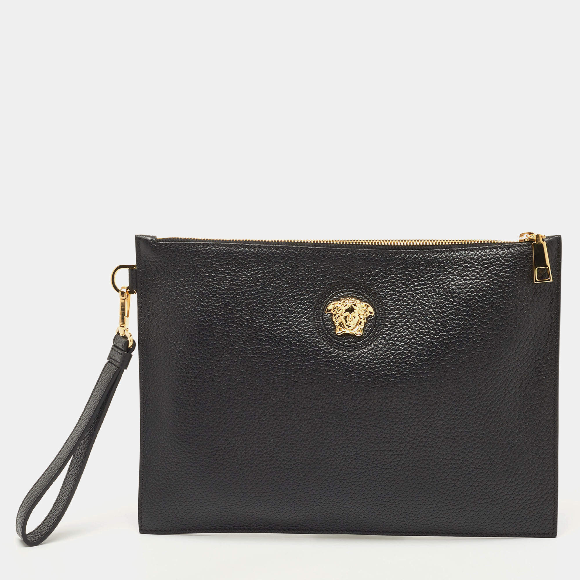 Pre Owned Versace Black Leather Medusa Wristlet Zip Pouch