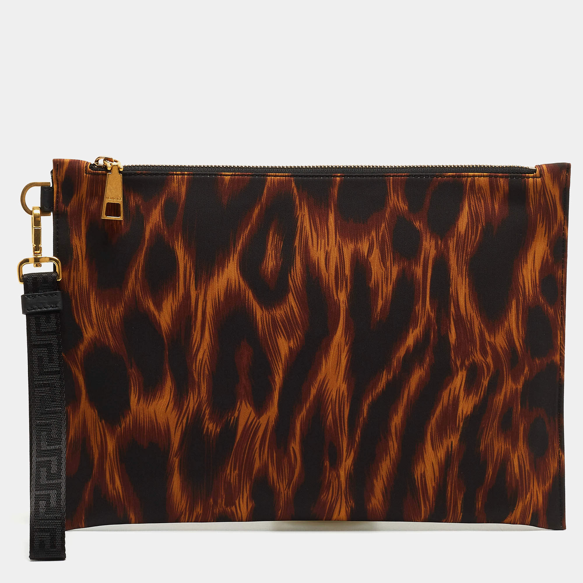Versace Brown/Black Leopard Print Nylon Zip Wristlet Pouch