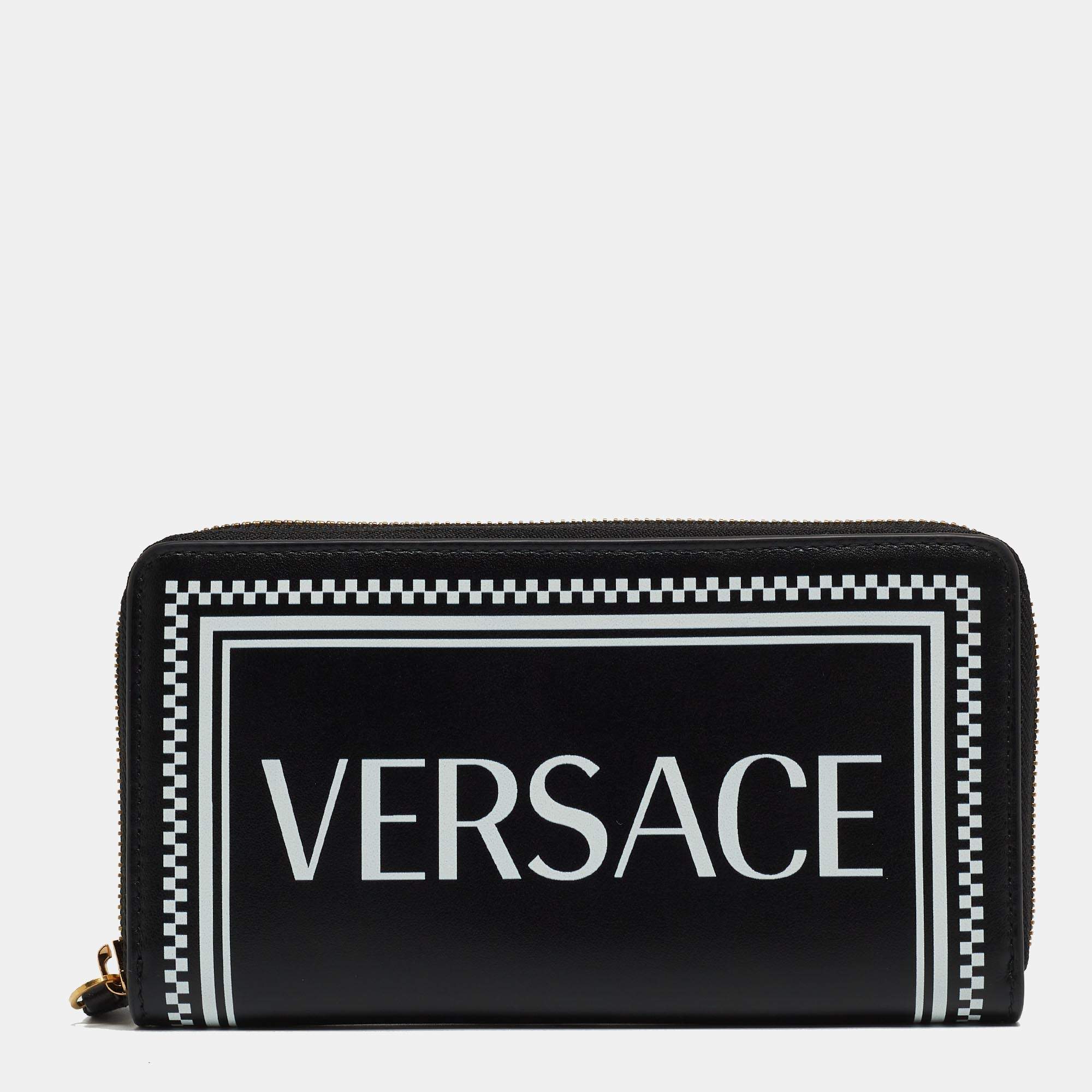 Pre Owned Versace Black Leather Logo Zip Around Continental Wallet
