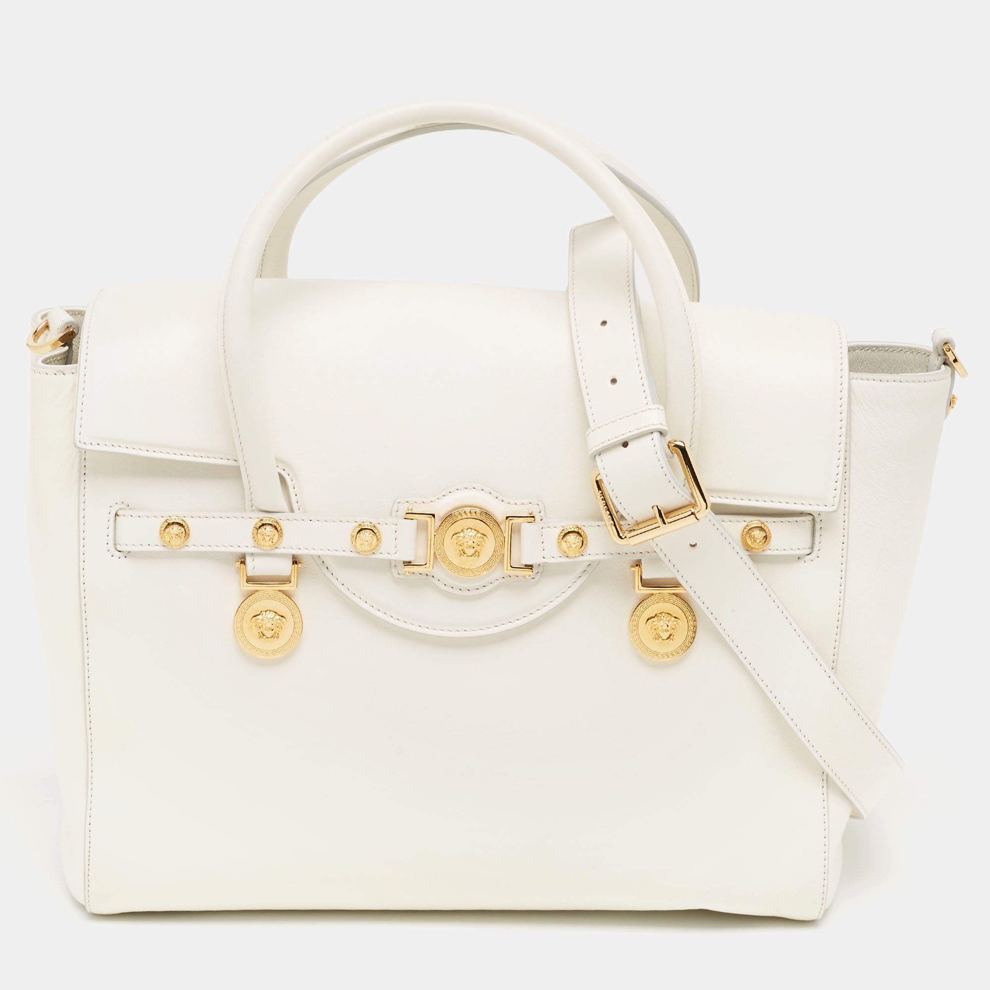 Versace White Leather Large Medusa Medallion Tote