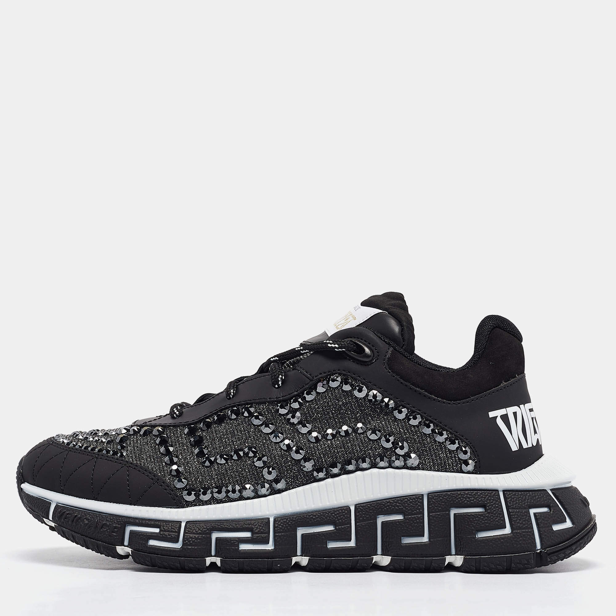 Pre Owned Versace Black Lurex Fabric and Leather Trigreca Sneakers Size 38