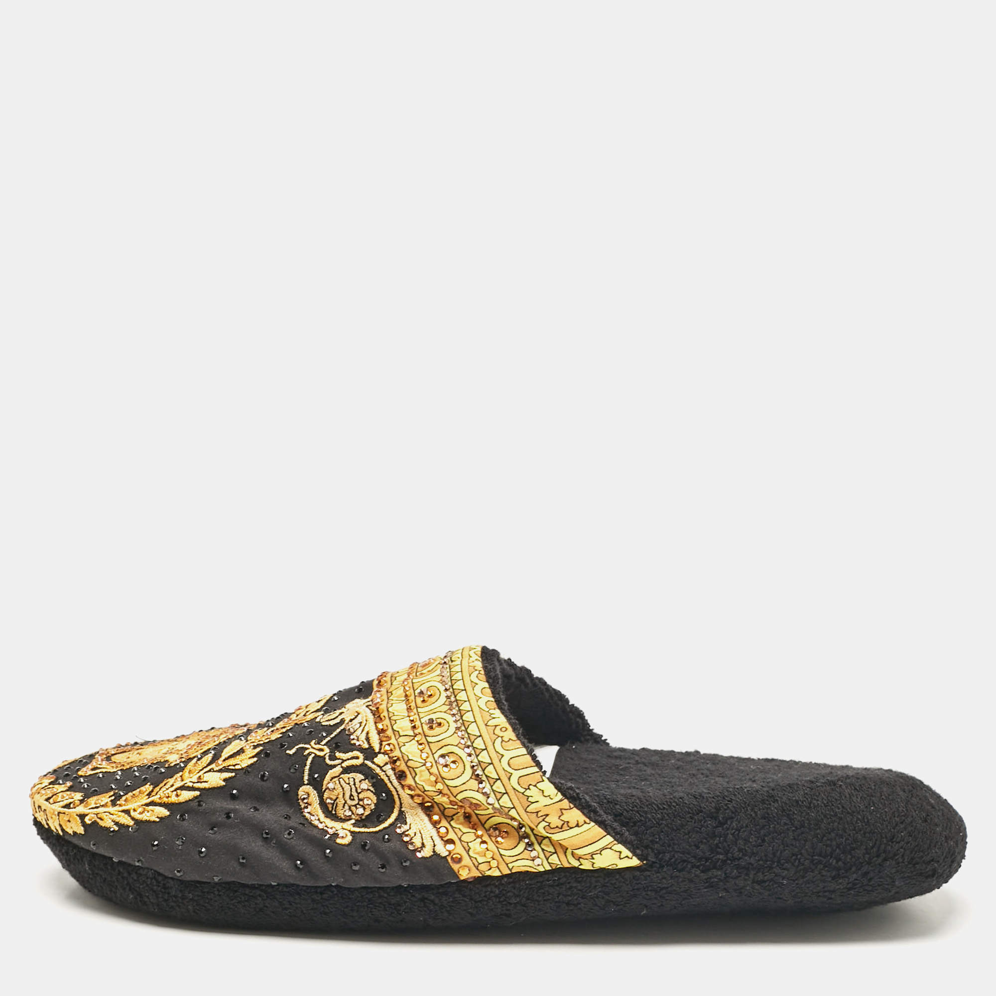 Versace Black/Yellow Fabric Crystal Embellished I Love Baroque Print Mules Size S