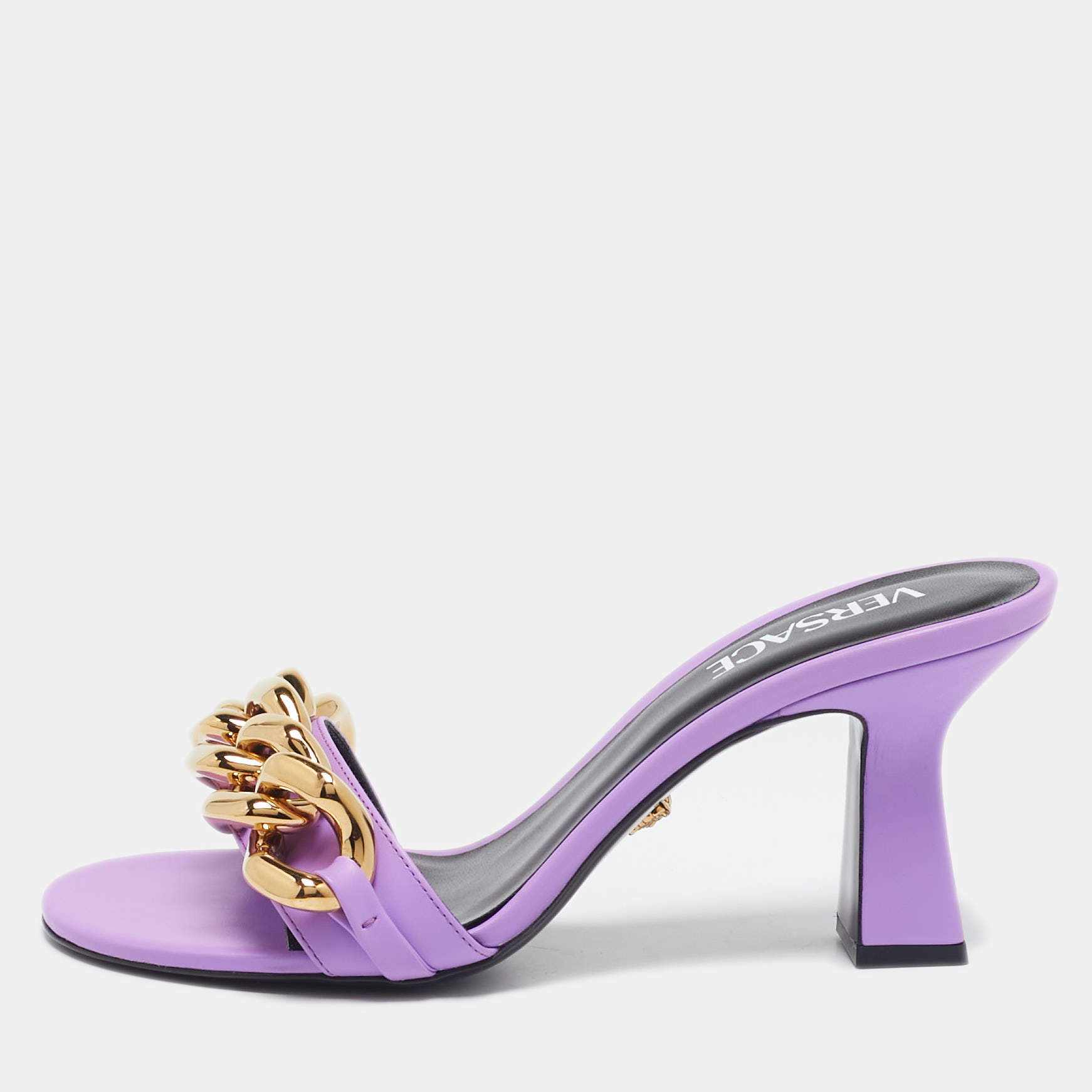 Pre Owned Versace Purple Leather Medusa Chain Slide Sandals Size 38