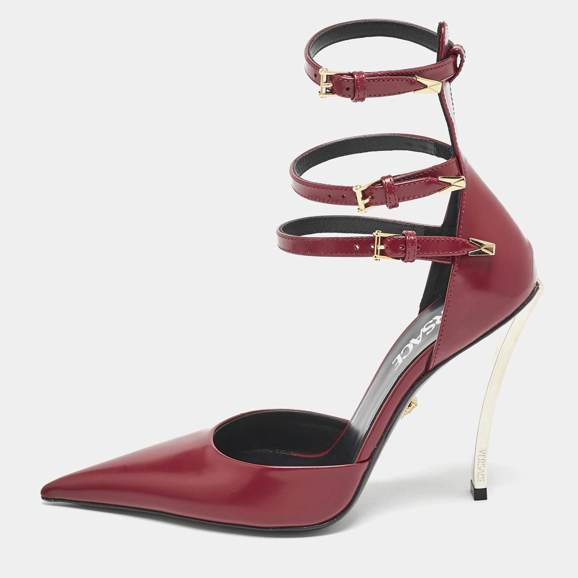Versace Burgundy Brushed Leather Pin-Point Ankle Strap Pumps Size 36