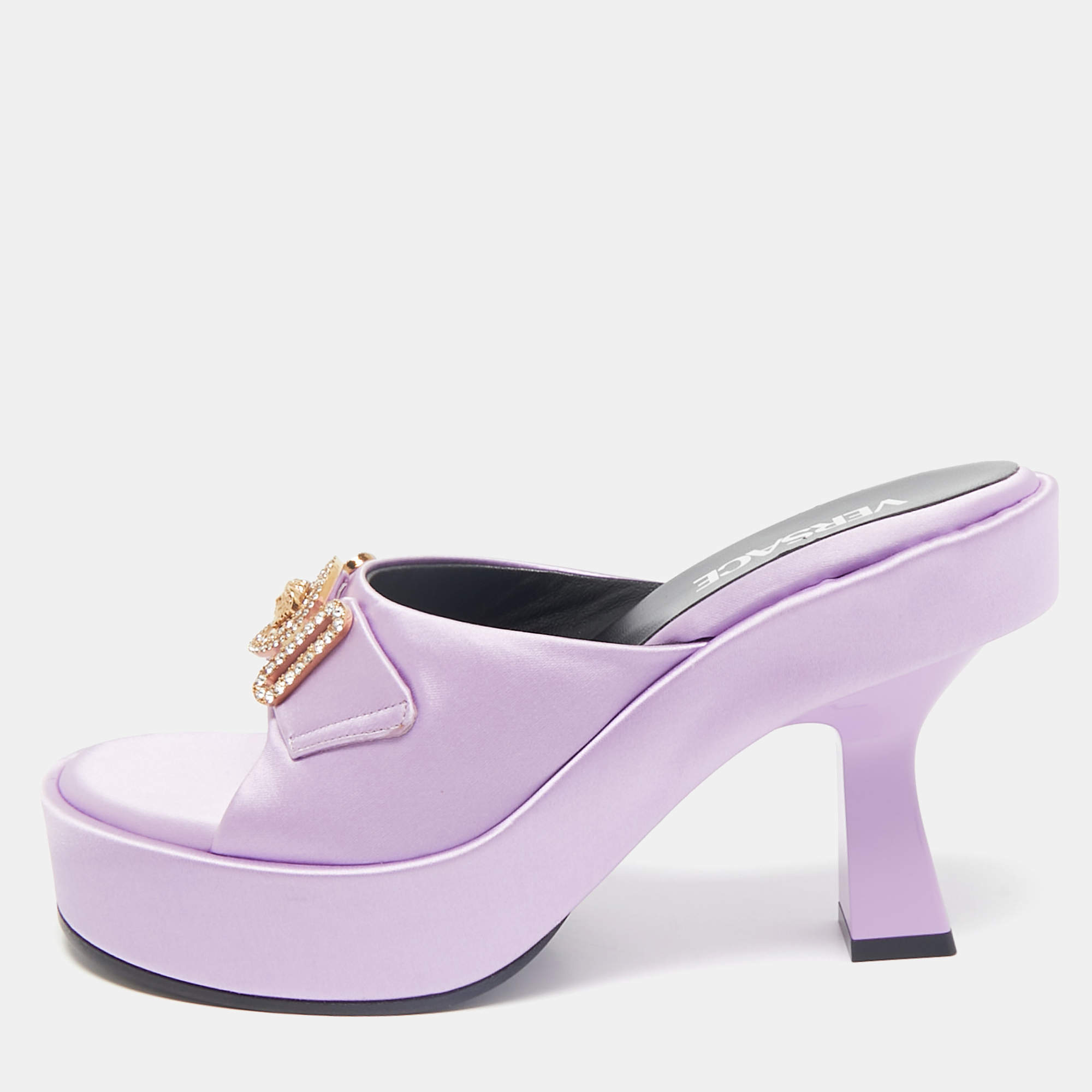 Pre Owned Versace Purple Satin Medusa Biggie Mules Size 37