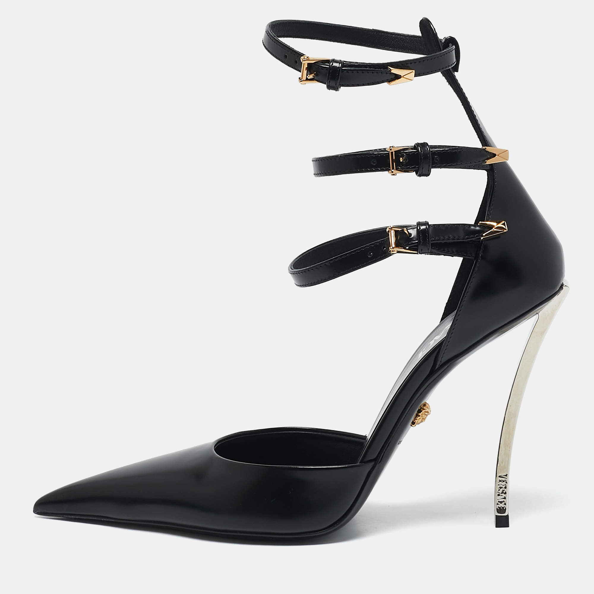 Versace Black Brushed Leather Pin-Point Ankle Strap Pumps Size 39