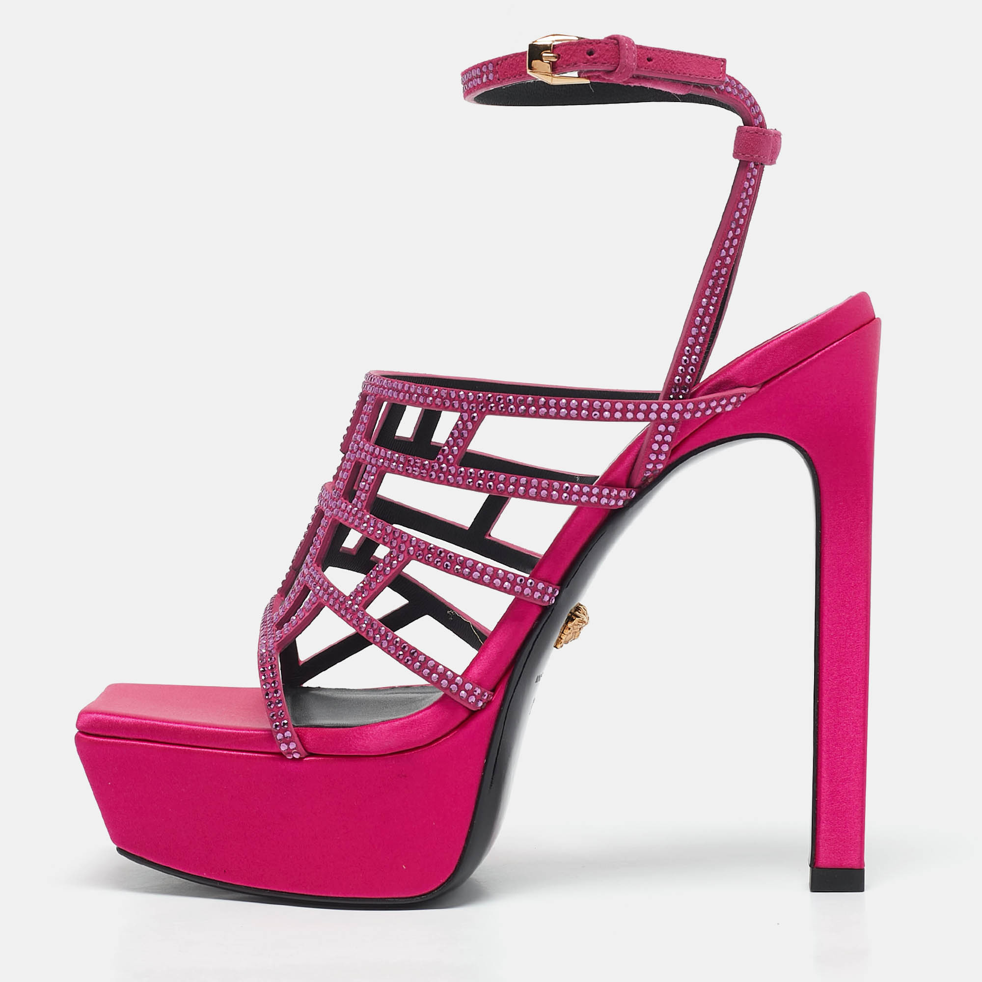 Versace Pink Satin Crystal Embellished Platform Sandals Size 39