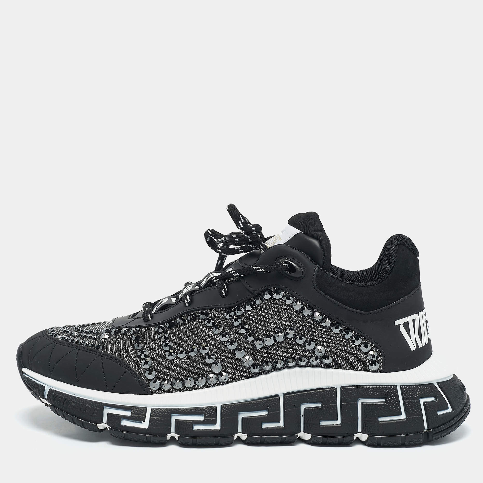 Versace Black/Grey Leather and Lurex Fabric Trigreca Sneakers Size 40