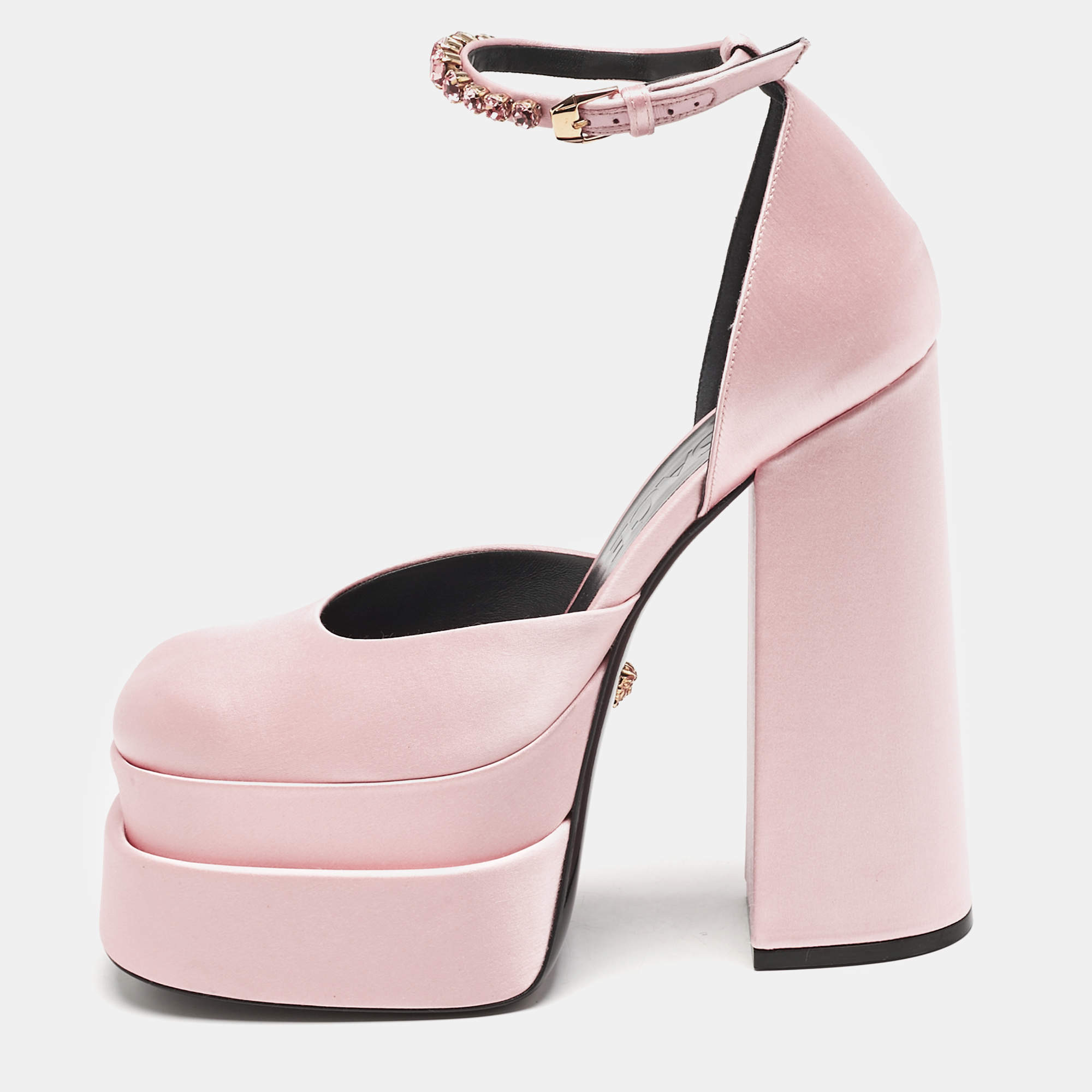 Versace Light Pink Satin Crystal Aevitas Platform Pumps Size 40