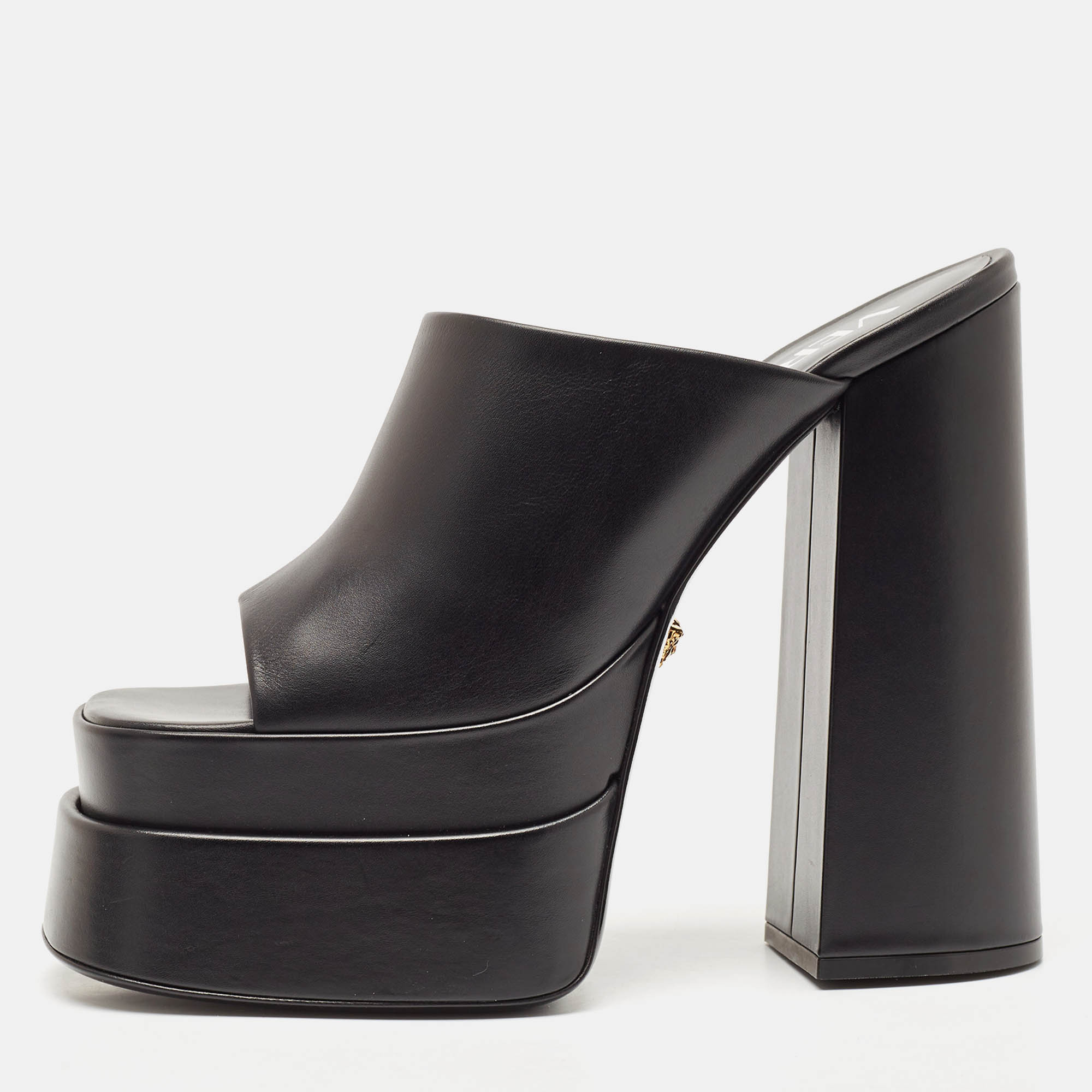 Versace Black Leather Aevitas Platform Mules Size 40