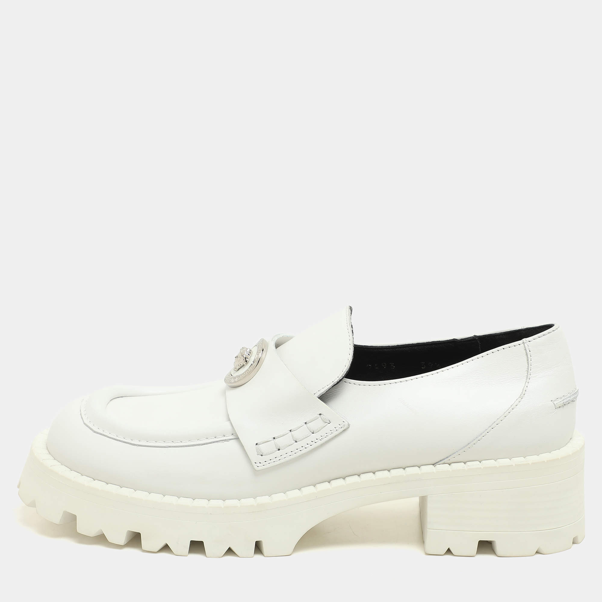 Pre Owned Versace White Leather Medusa Loafers Size 39.5