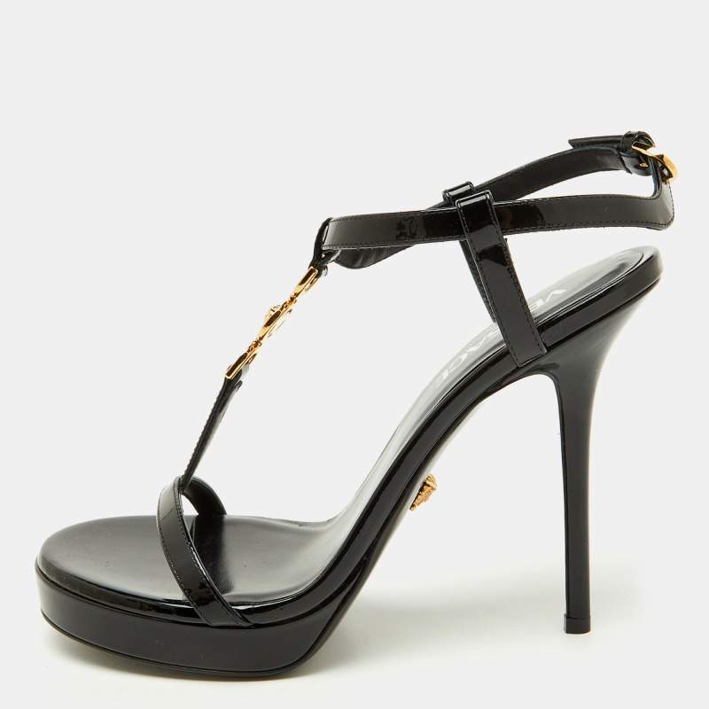 Versace Black Patent Leather Medusa'95 Platform T-Strap Sandals Size 37.5