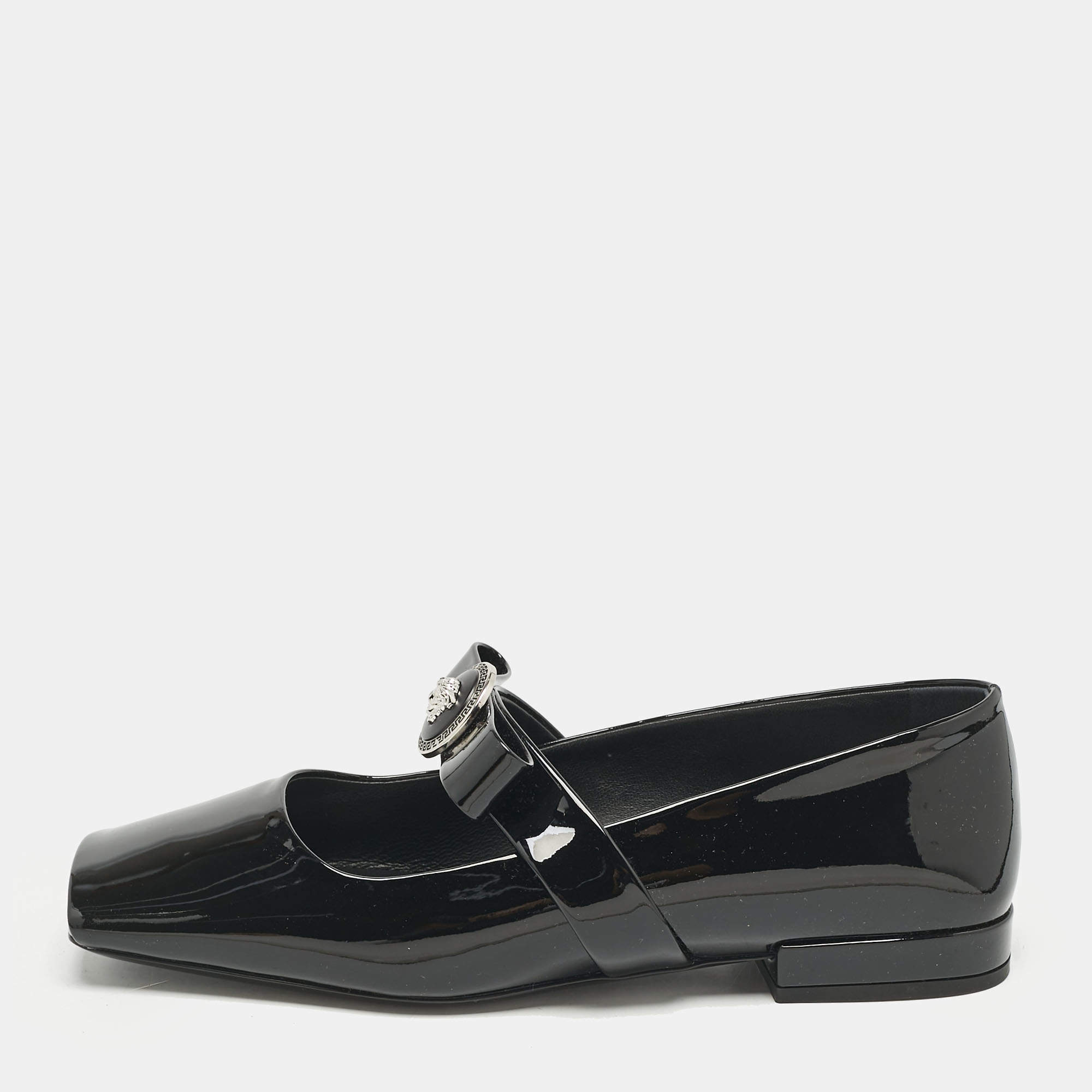 Versace Black Patent Leather Gianni Ribbon Ballet Flats Size 37