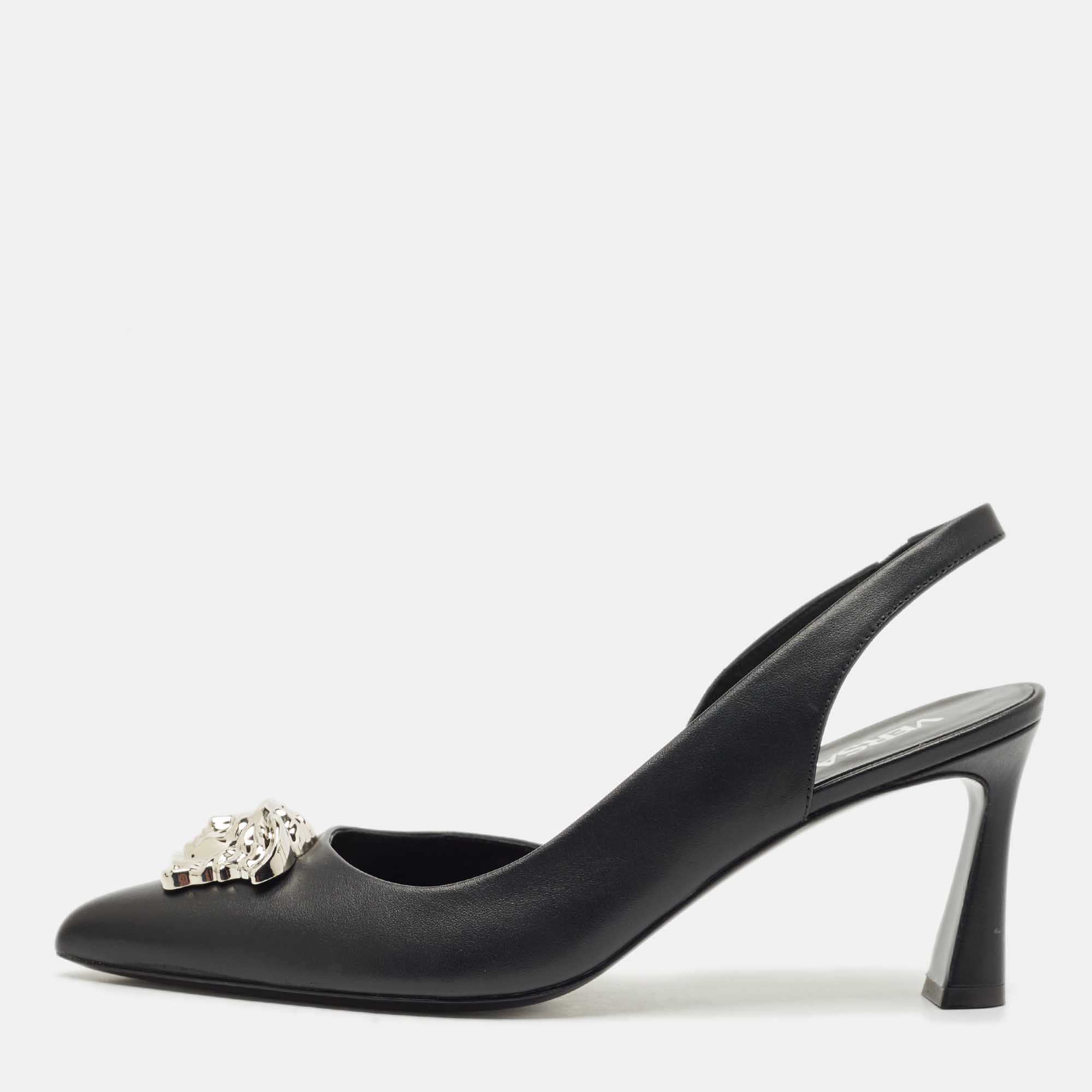 Versace Black Leather Medusa Slingback Pumps Size 39