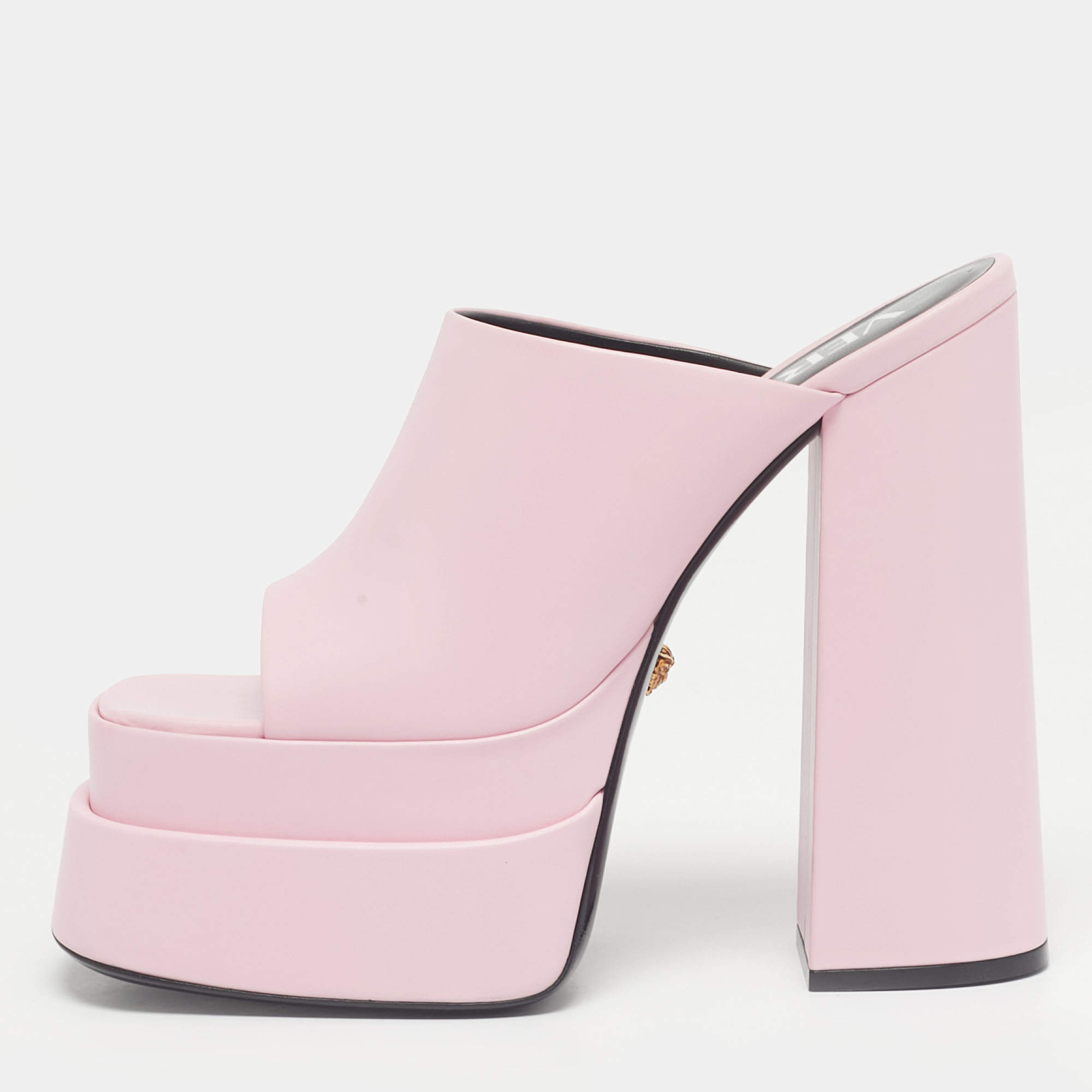 Pre Owned Versace Pink Leather Double Platform Mules Size 39