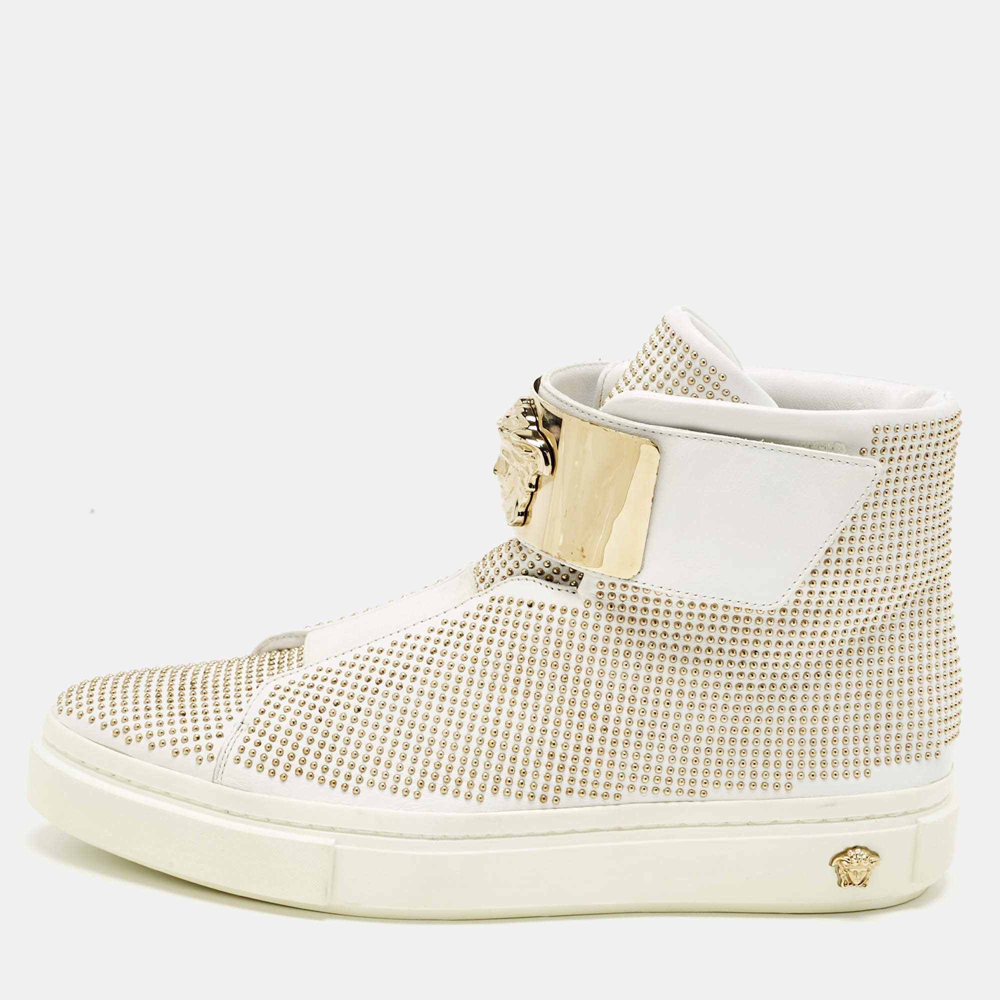 Pre Owned Versace White Leather Studded Medusa High Top Sneakers Size 41