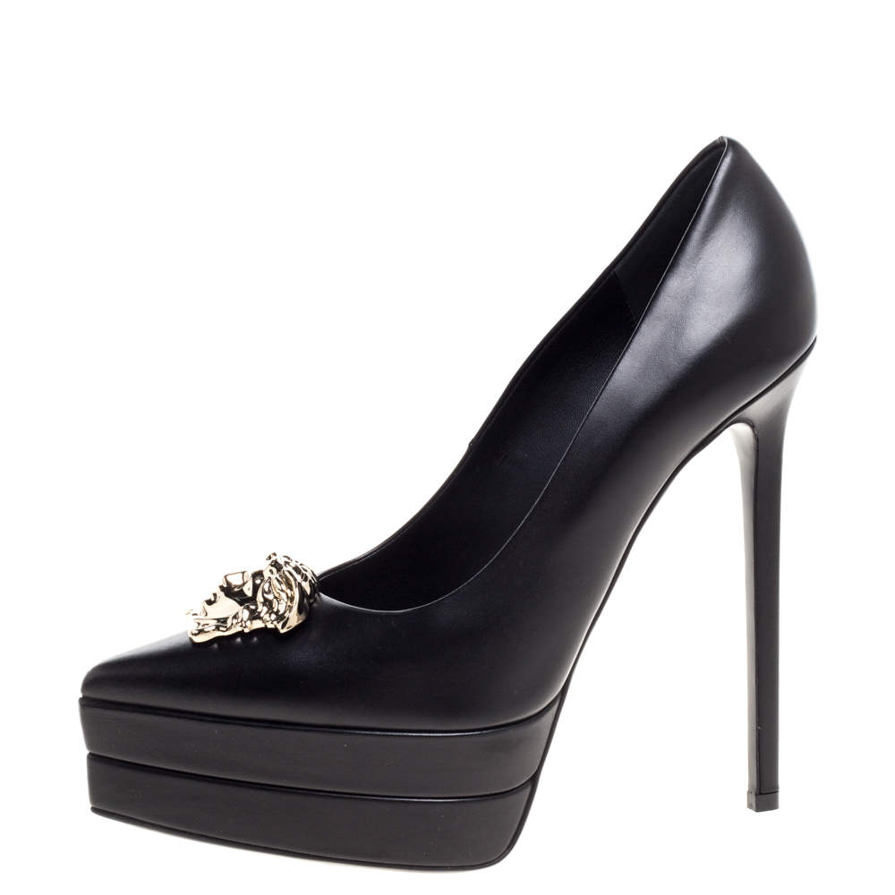 Pre Owned Versace Black Leather Medusa Platform Pointed Toe Pumps Size 38