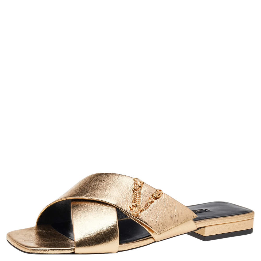مملوكة مسبقًا Versace Gold Leather Crisscross Slide Sandals size 38
