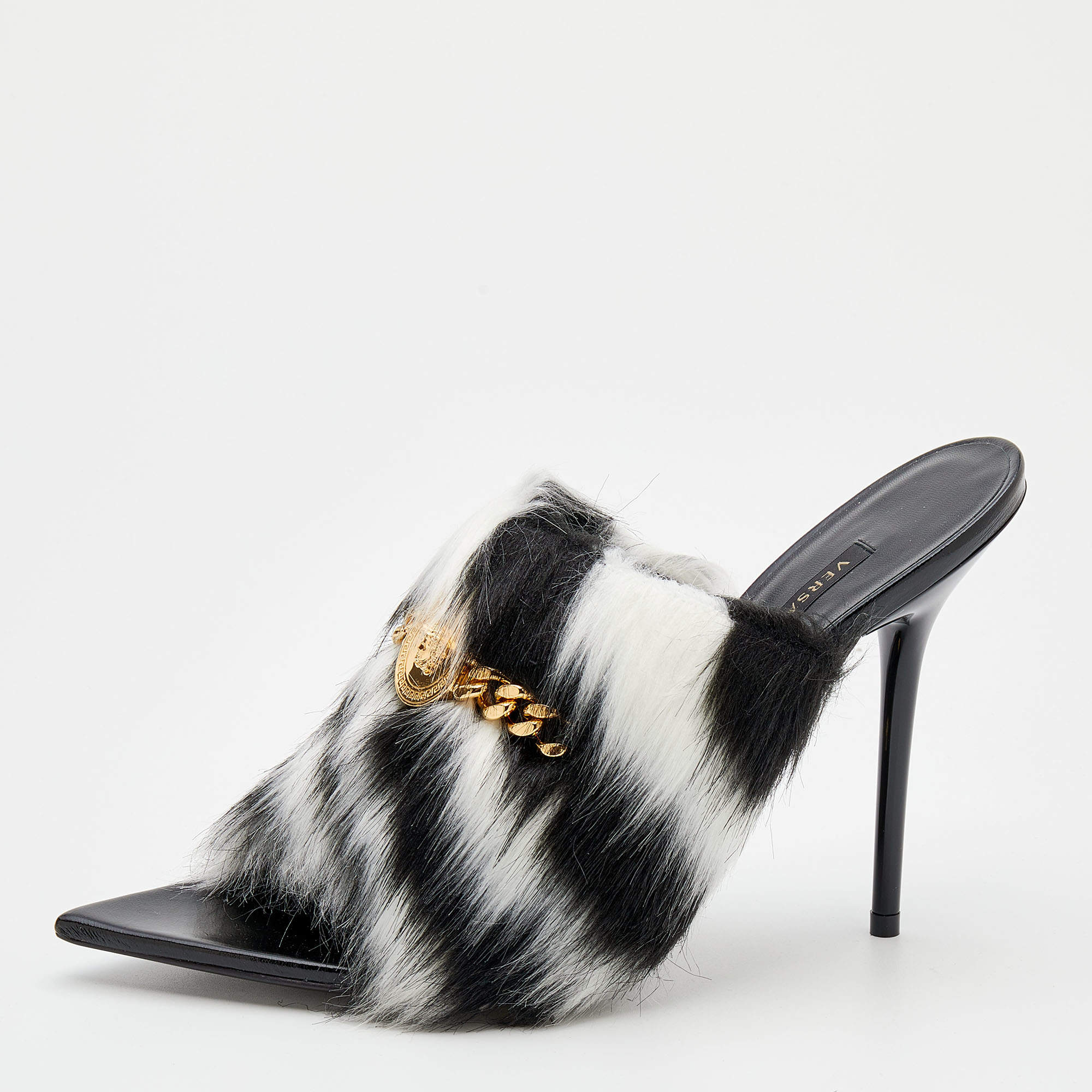 Versace Black/White Faux Fur Medusa Chain Slide Sandals Size 39.5