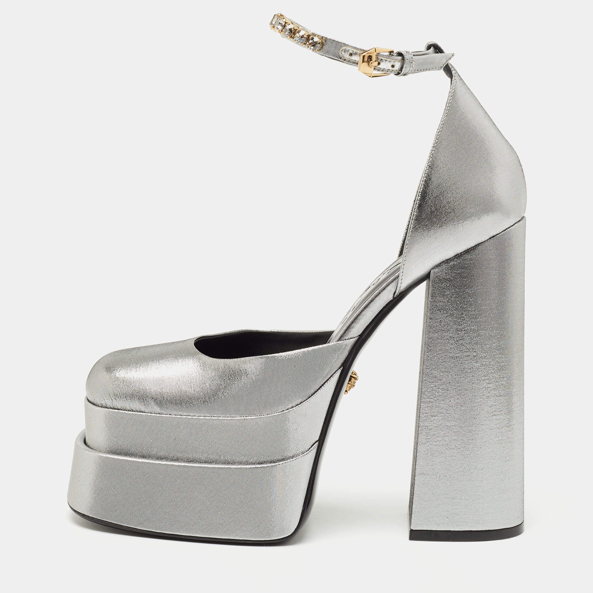Versace Silver Leather Medusa Aevitas Double Platform Pumps Size 39