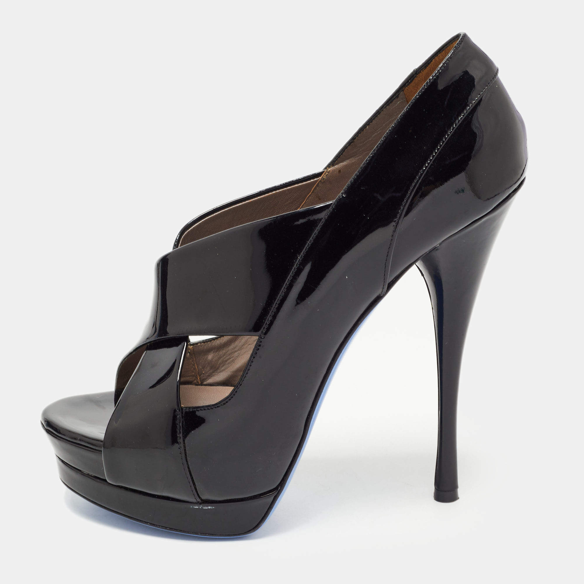 Pre Owned Versace Black Patent Leather Open Toe Platform Pumps Size 38.5