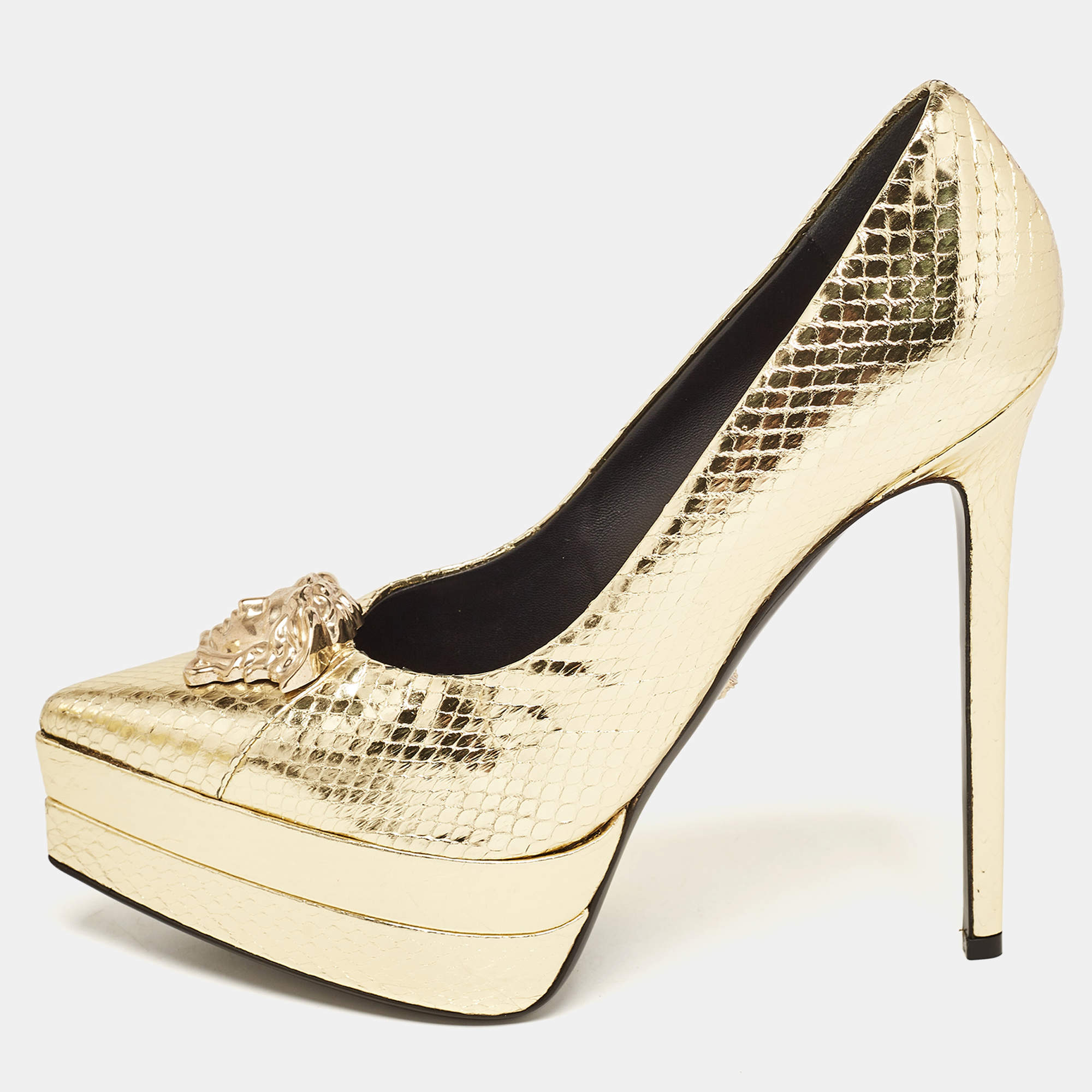 Versace Gold Embossed Python Medusa Double Platform Pumps Size 39.5