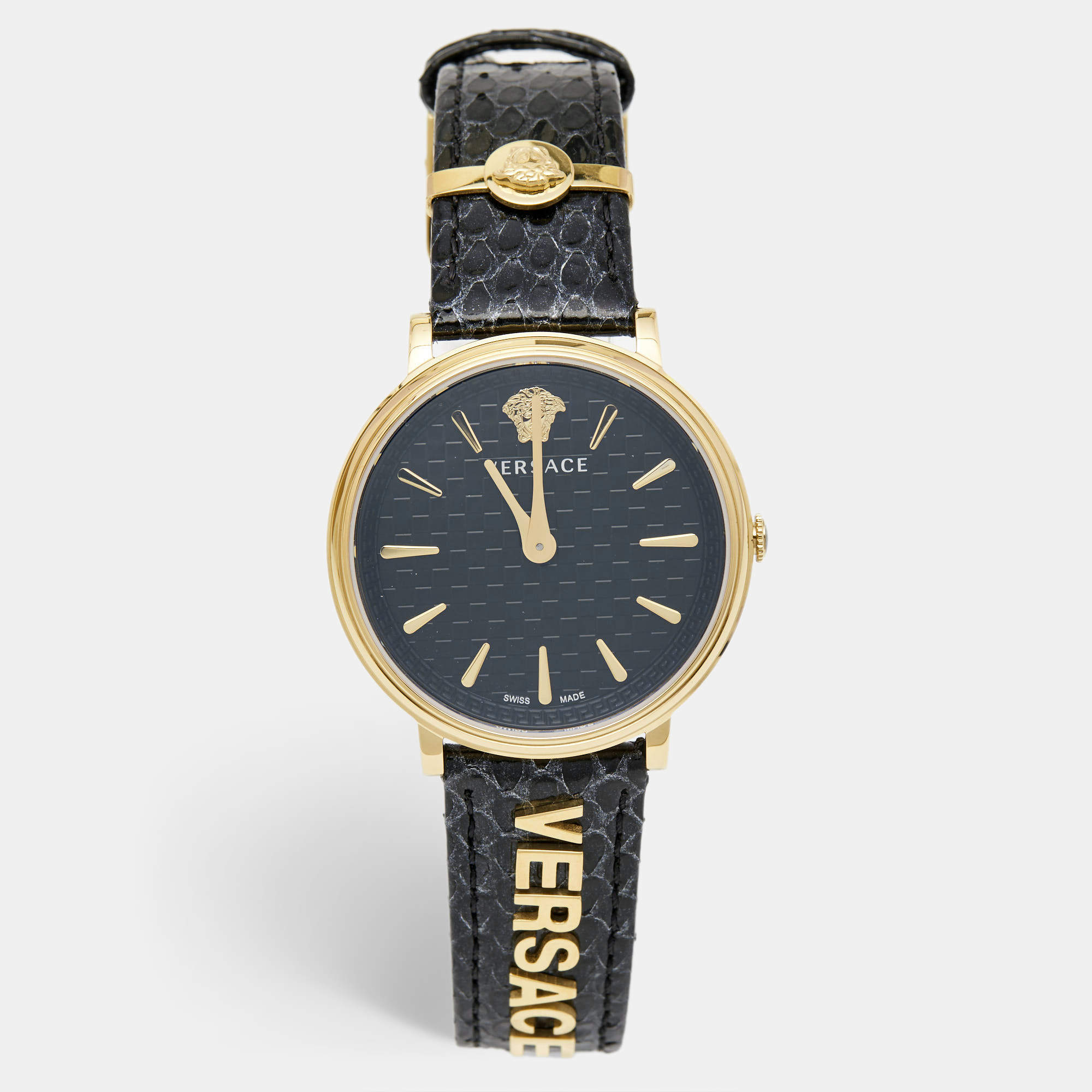Versace Black Gold Plated Stainless Steel Leather V Circle VE8101022 Men's Wristwatch 38 mm