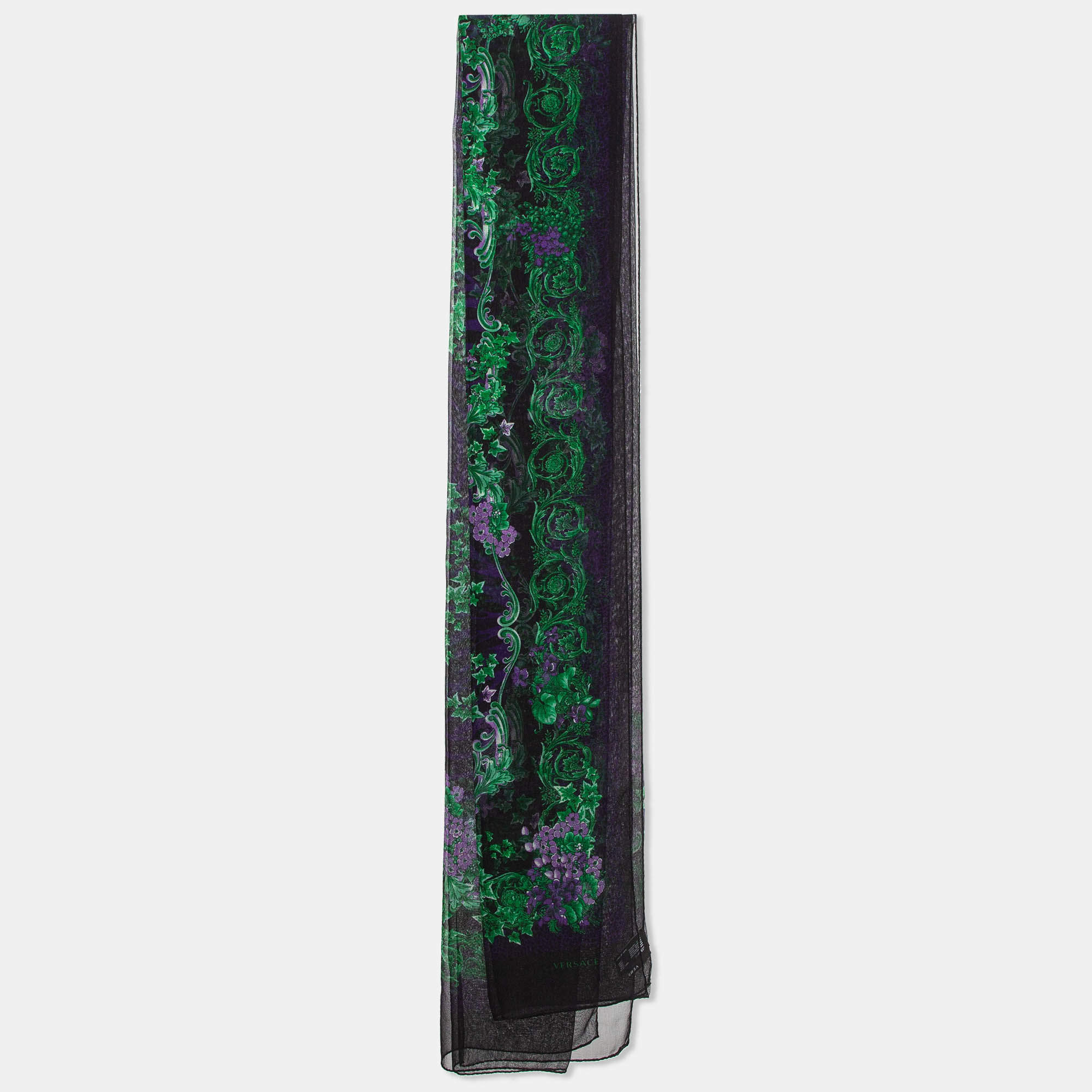 Pre Owned Versace Black & Purple Floral Print Silk Stole