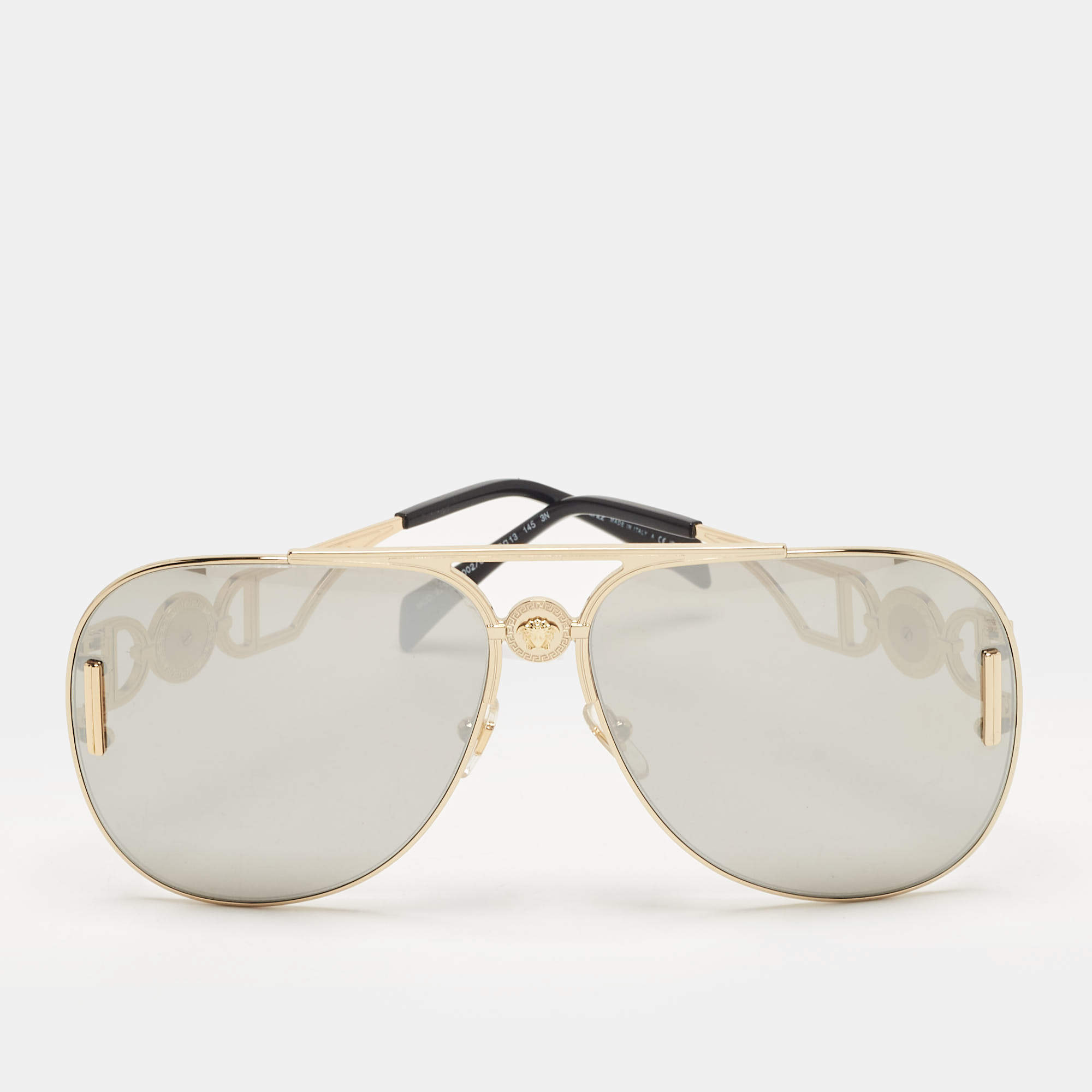 Pre Owned Versace Gold Tone/Grey Mirrored MOD. 2255 Palazzo Aviator Sunglasses
